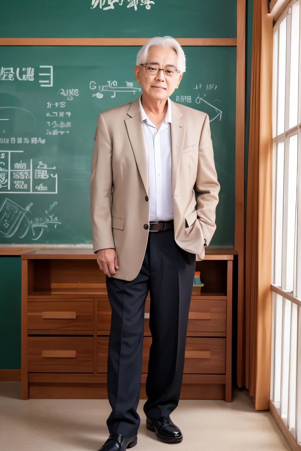 male teacher　age６０generation　Standing upright　Anime Style