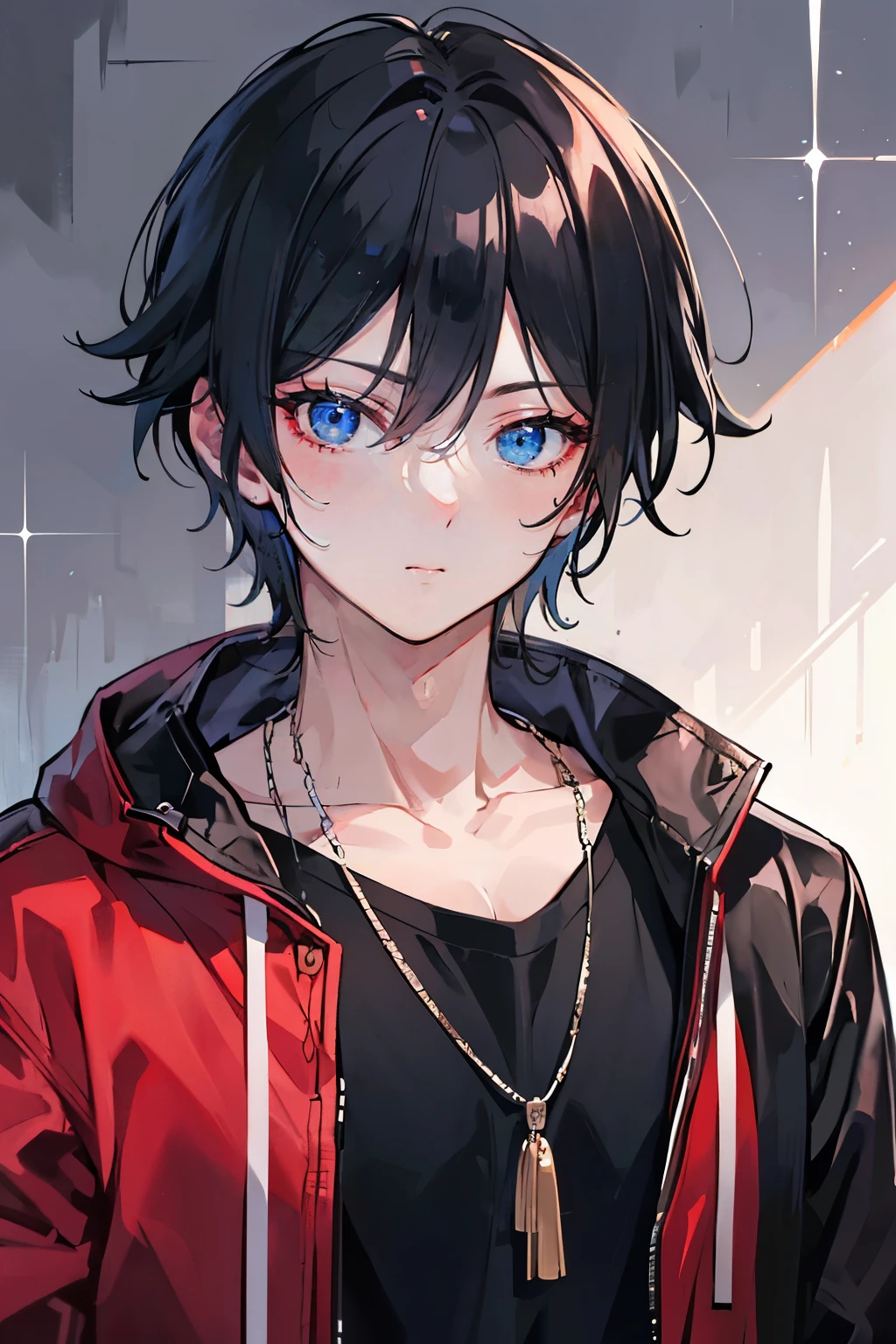 Boy, handsome boy, (Eye style: Droopy), (Iris: Large), (Eye color: Dull red), black clothing, (Build: Broad and moderately muscular), black hair, Casual clothing, cold gaze.