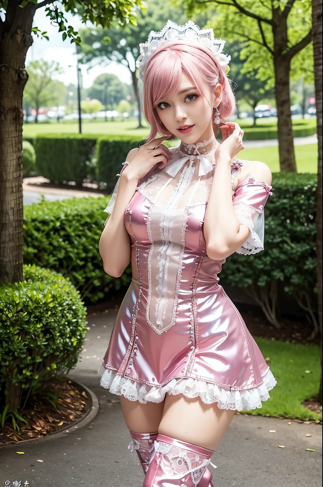 (nsfw), sexy stylish Swedish model, only 1 female, ((doll-like appearance)), short neon pink stylish hair, ((shiny Victorian-Style boots)), (big smile), ultra detailed eyes, vivid eye makeup, lip-gloss, long lashes, defined eyebrows, ((sexy Paradise Kiss cosplay)), bell-shaped skirt, petticoats, high neckline, puffed sleeves, ((ultra detailed lace)), ((ultra detailed embroidery)), intricate details, Paradise Kiss accessoires and matching headpiece, choker, ((large sparkling Paradise Kiss jewelry)), cinematic light, detailed large park background with trees
