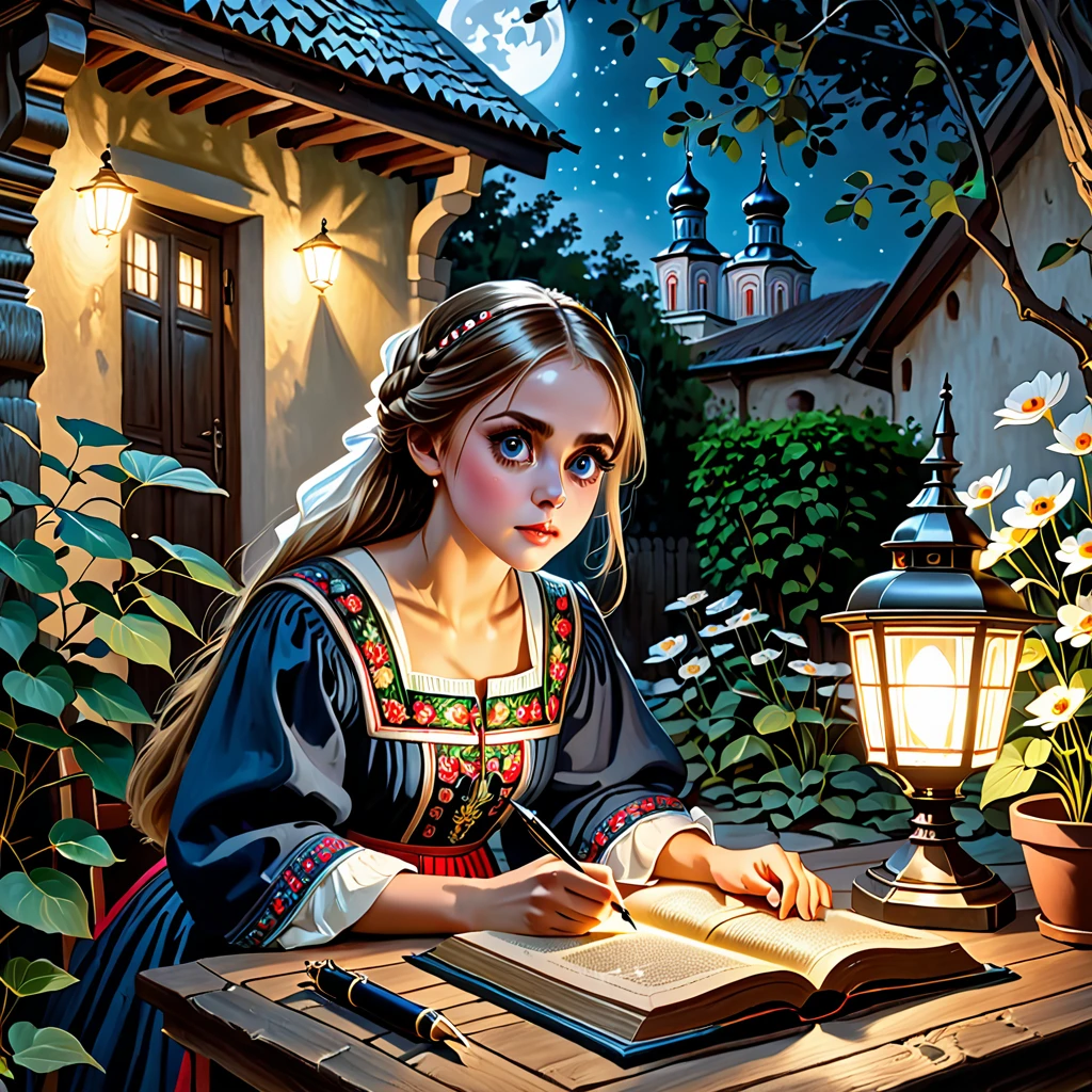 A photo of a beautiful girl in a traditional russian dress looking at ancient slavic book under lamp on a low table in garden surrounded by old walls in a peaceful night,((her right hold a pen and her left hand place on table)),((masterpiece)),realistic,4k,extremely detailed,((beautiful big eyes))
