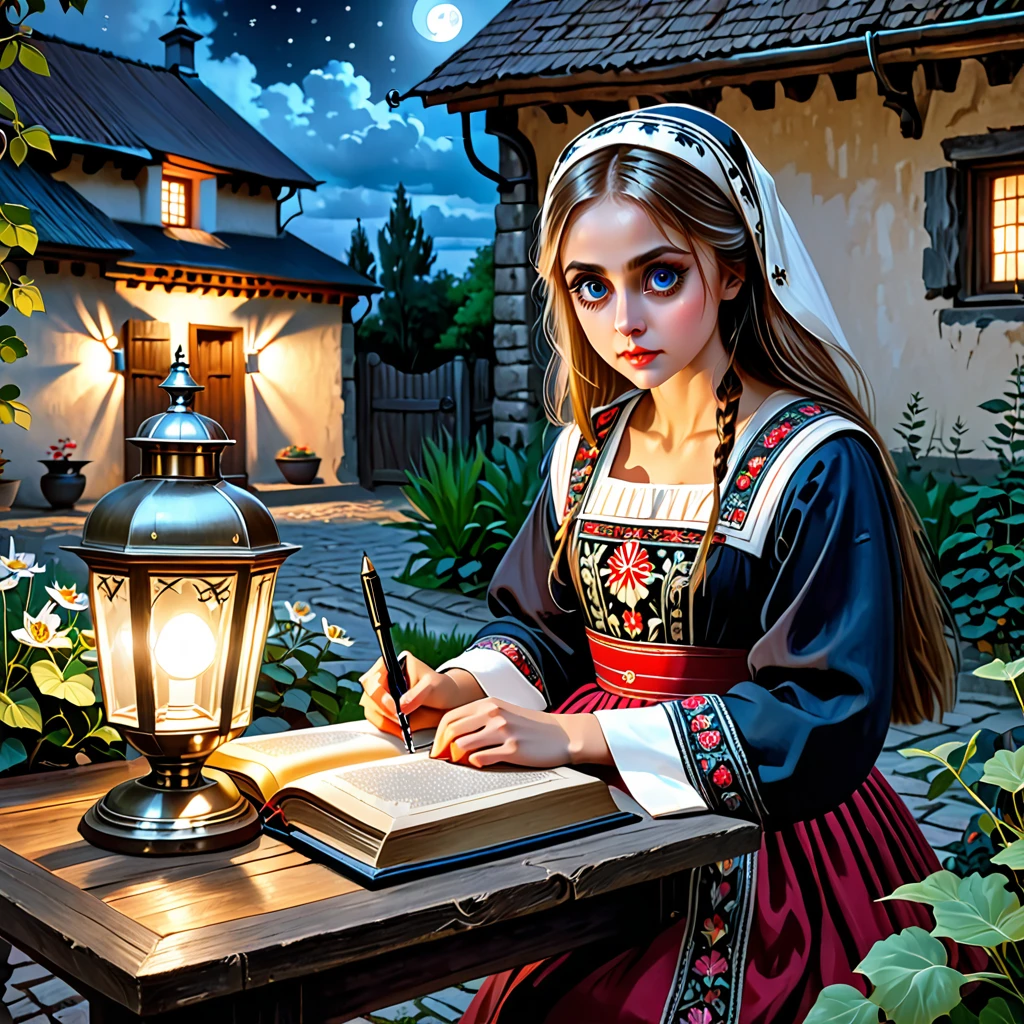 A photo of a beautiful girl in a traditional russian dress looking at ancient slavic book under lamp on a low table in garden surrounded by old walls in a peaceful night,((her right hold a pen and her left hand place on table)),((masterpiece)),realistic,4k,extremely detailed,((beautiful big eyes))