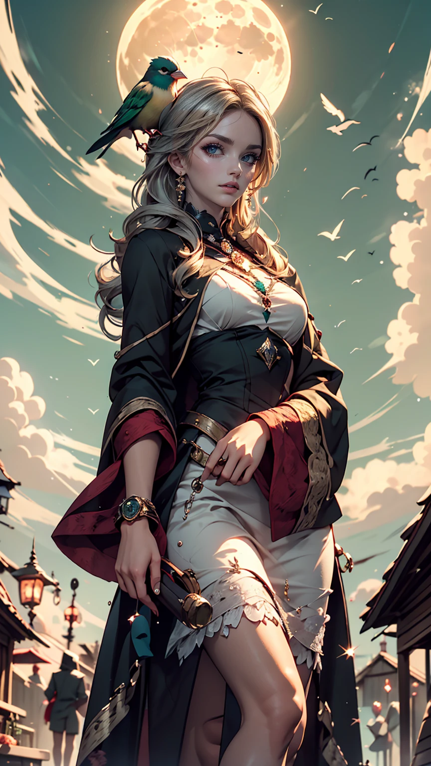 highest quality, Very detailed, masterpiece, Super detailed, cloud, witch_Have, Have, One girl, null, green_null,Day, length_hair, cloudy_null, moon,bird, alone, Silver_hair, witch, Outdoor 