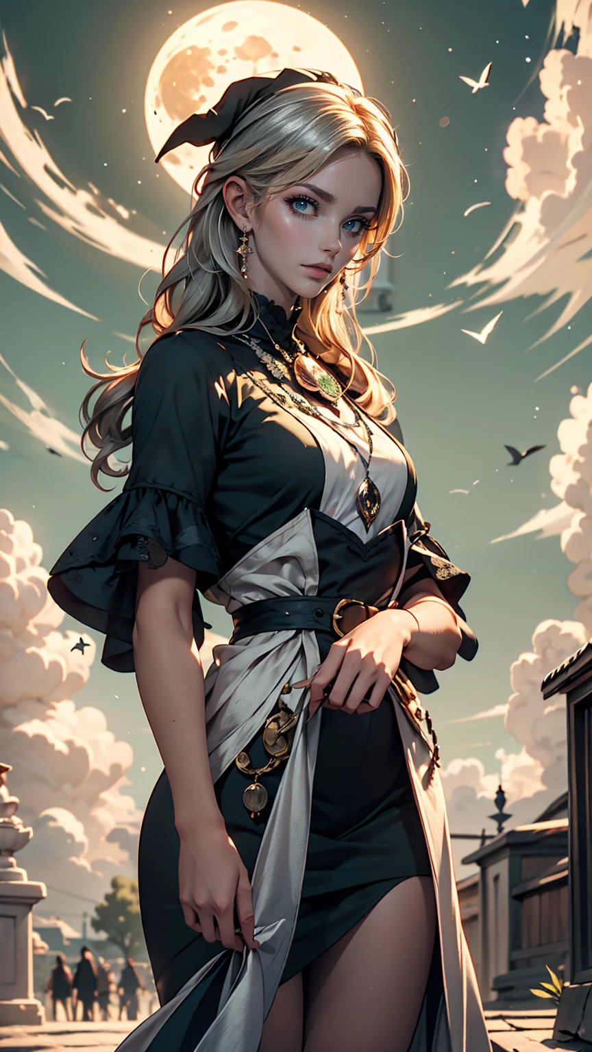 highest quality, Very detailed, masterpiece, Super detailed, cloud, witch_Have, Have, One girl, null, green_null,Day, length_hair, cloudy_null, moon,bird, alone, Silver_hair, witch, Outdoor 