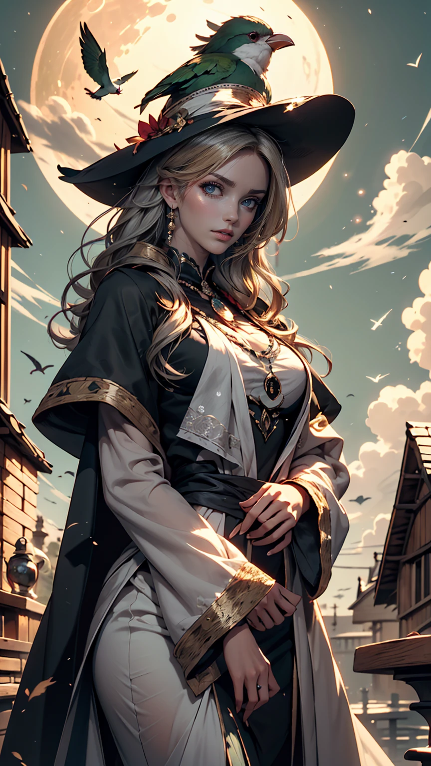 highest quality, Very detailed, masterpiece, Super detailed, cloud, witch_Have, Have, One girl, null, green_null,Day, length_hair, cloudy_null, moon,bird, alone, Silver_hair, witch, Outdoor