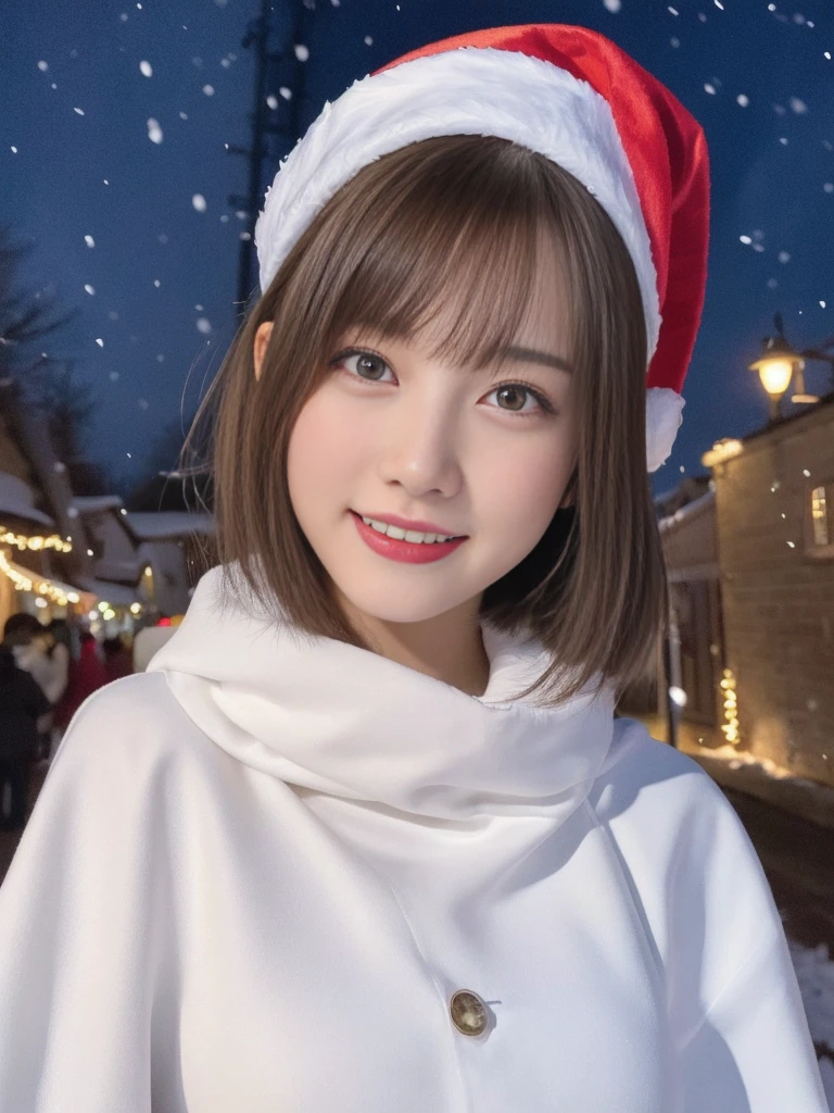 1girl, santa claus costume, symmetry, beautiful cute girl, slender figure, (ultra short hair:1.5), ultra big smile, Beautiful large round droped detailed eyes, beautiful detailed lips, extremely detailed face, natural makeup, (best quality,4k,8k,highres,masterpiece:1.2),(ultra-detailed,realistic,photorealistic,photo-realistic:1.37),professional,vivid colors,studio lighting,snowing night town,christmas eve