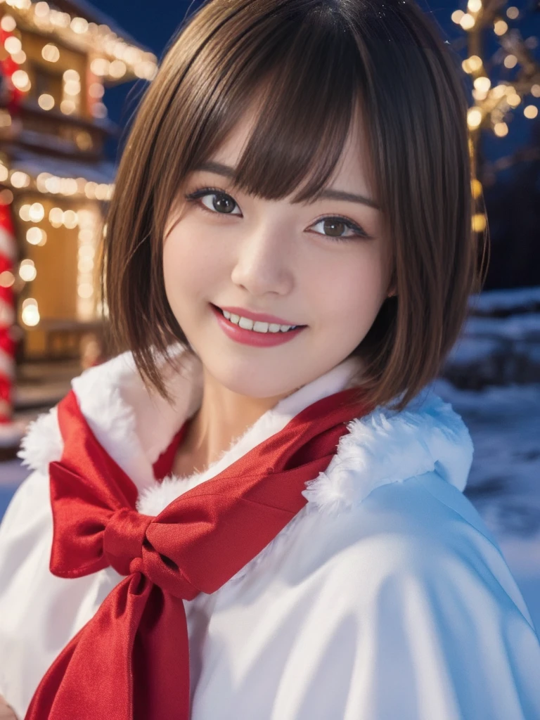 1girl, santa claus costume, symmetry, beautiful cute girl, slender figure, (ultra short hair:1.5), ultra big smile, Beautiful large round droped detailed eyes, beautiful detailed lips, extremely detailed face, natural makeup, (best quality,4k,8k,highres,masterpiece:1.2),(ultra-detailed,realistic,photorealistic,photo-realistic:1.37),professional,vivid colors,studio lighting,snowing night town,christmas eve