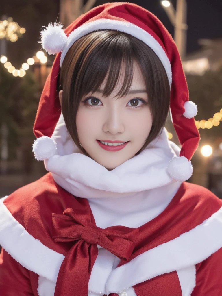 1girl, santa claus costume, symmetry, beautiful cute girl, slender figure, (ultra short hair:1.5), ultra big smile, Beautiful large round droped detailed eyes, beautiful detailed lips, extremely detailed face, natural makeup, (best quality,4k,8k,highres,masterpiece:1.2),(ultra-detailed,realistic,photorealistic,photo-realistic:1.37),professional,vivid colors,studio lighting,snowing night town,christmas eve