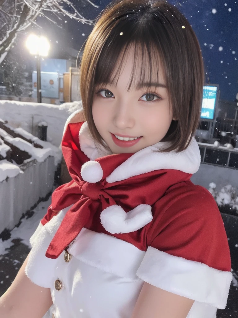 1girl, santa claus costume, symmetry, beautiful cute girl, slender figure, (ultra short hair:1.5), ultra big smile, Beautiful large round droped detailed eyes, beautiful detailed lips, extremely detailed face, natural makeup, (best quality,4k,8k,highres,masterpiece:1.2),(ultra-detailed,realistic,photorealistic,photo-realistic:1.37),professional,vivid colors,studio lighting,snowing night town,christmas eve