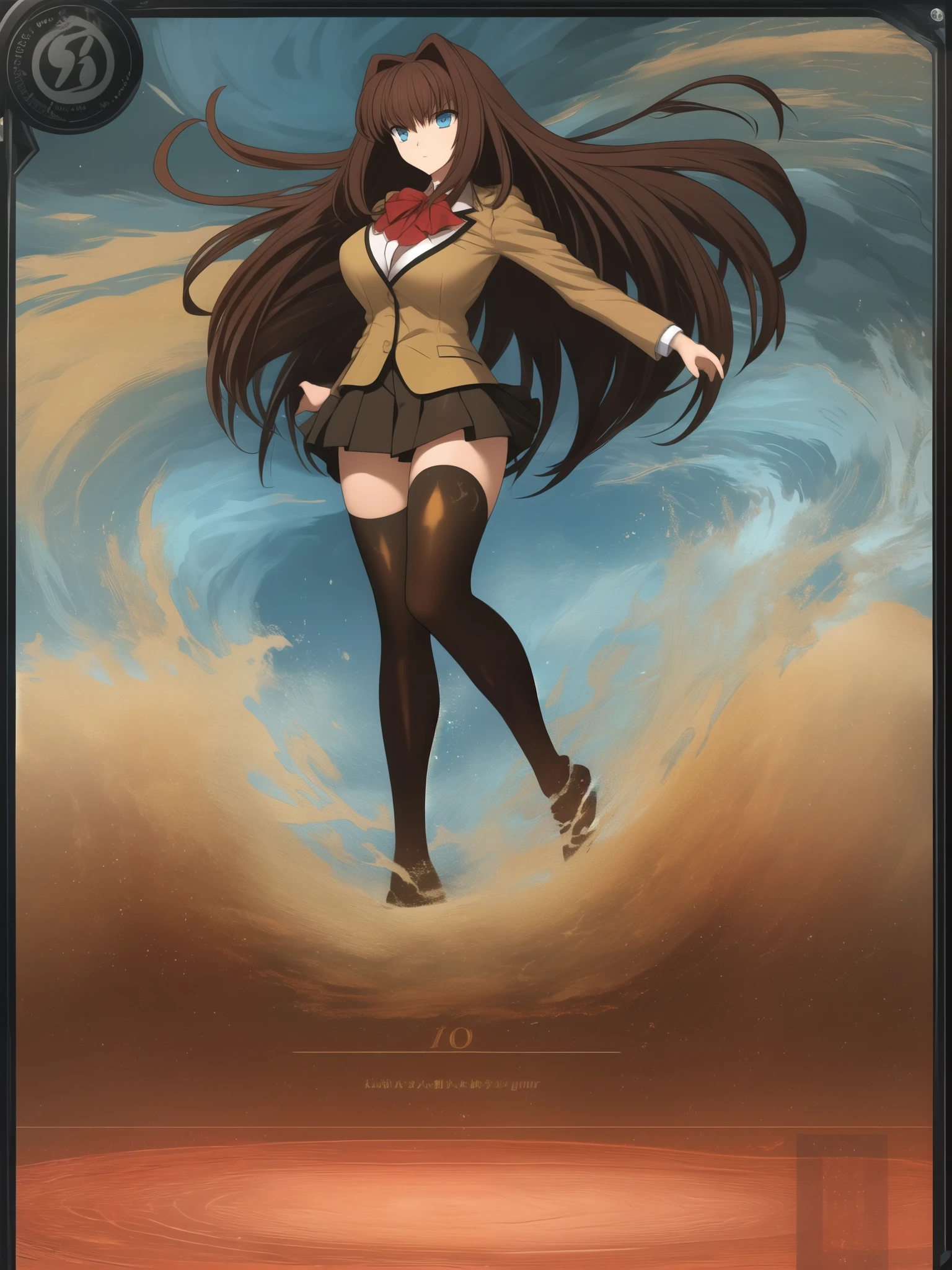 BREAK, centered. BREAK, (EMPTY BACKGROUND), BREAK, (masterpiece), best quality, high resolution, 8k, illustration, (beautiful detailed eyes:1.5), extremely detailed face, extremely detailed body, CG, perfect hands, perfect anatomy, ((1girl)), ((solo)), ((bbaoko)), ((2 legs max)), ((2 feet max:1.5)), ((swirling vortex shaped longest brown hair:1.5)), (brown longest hair with slightly reddish undertone:1.6), (lush luscious longest brown hair:1.6), (very long voluminous longest brown hair:1.5), serious, blue eyes, red bowtie, (Form-fitting beige blazer:1.5), brown jacket, (highly detailed beautiful face:1.2), (white shirt:1), (well shaped large breasts:1.6), (nice hips:1), ((Umber pleated thigh-high skirt:1.6)), (((black bike shorts:1.4))), (toned thighs:1.6), (black kneesocks:1.6), (strap shoes brown color), (facing front:1.5), ((standing straight:1.5)), ((Fullbody in frame:1.6)), ((Full body:1.5)), ((takeuchi takashi:1))