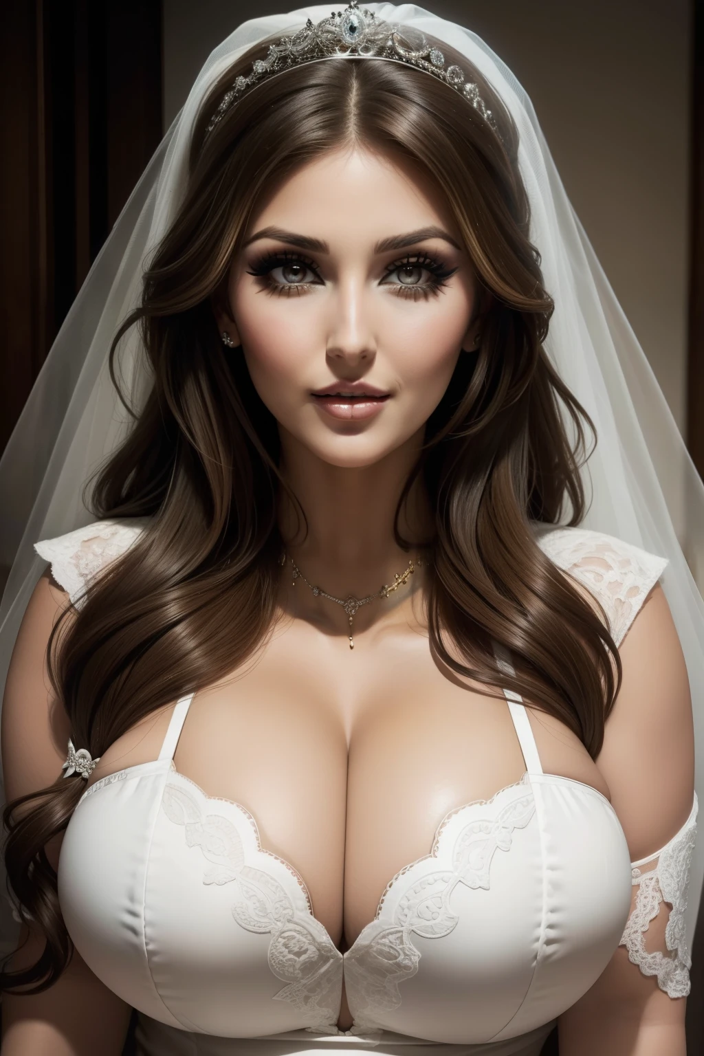 Lucy Pinder, ((Very intense makeup)), neckline, smiling, Bride, sexy woman, voluptuous woman.