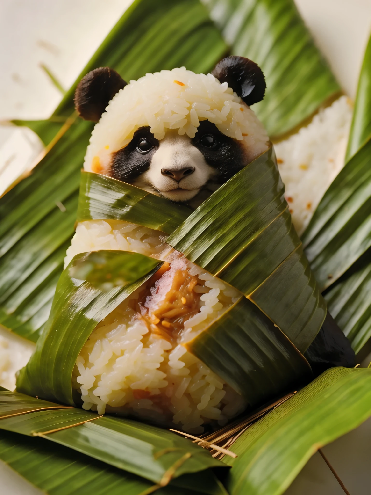 A panda-shaped zongzi, made of glutinous rice, has a cute expression, the lower half of the body is wrapped in tapered leaves, the head sticking out of the leaves, equidistant, cartoon-style, Macro Lens, studio light, nature, soft lighting, film grain, cowboy shot, epiCPhoto