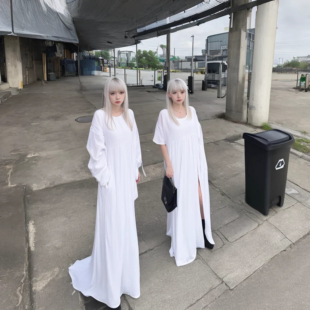 ((masterpiece, best quality)),a girl, solo, dress, standing, halo, alley, outdoors, bangs, white dress, white hair, long hair, black footwear, industrial pipe, looking at viewer, air conditioner,dark lighting, garbage, garbage bin, hxh2011