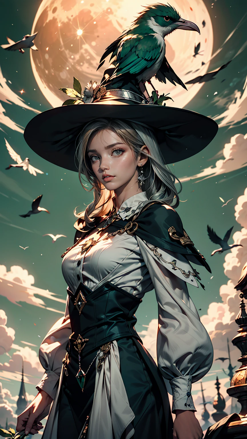 highest quality, Very detailed, masterpiece, Super detailed, cloud, witch_Have, Have, One girl, null, green_null,Day, length_hair, cloudy_null, moon,bird, alone, Silver_hair, witch, Outdoor