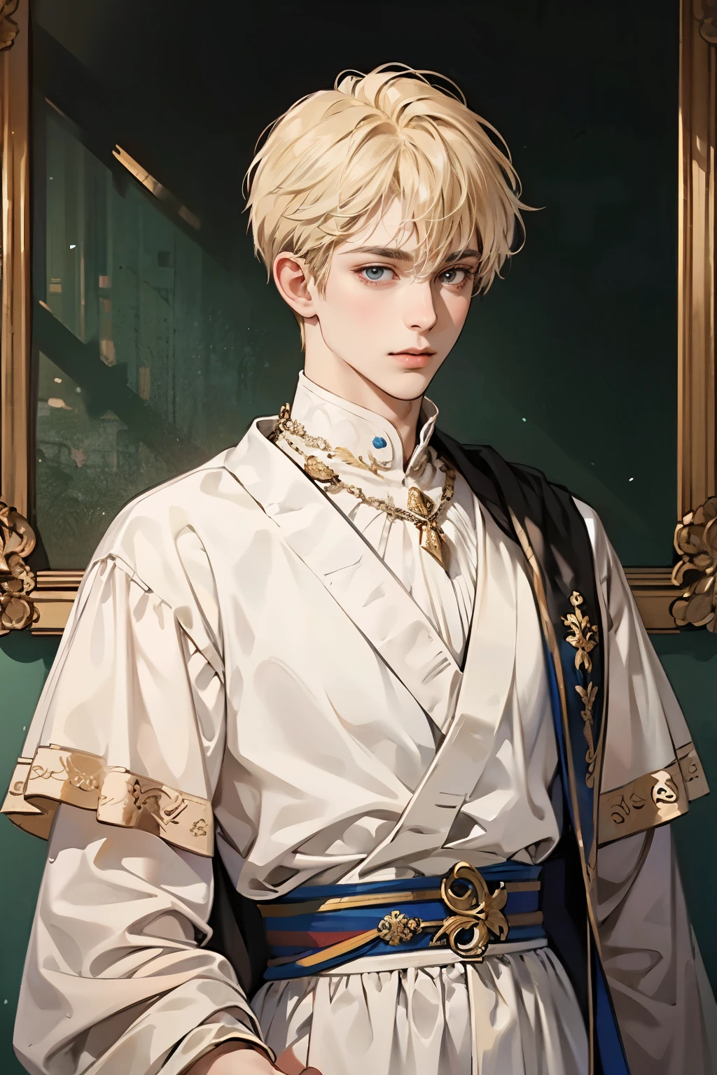 masterpiece, best quality, 1 boy, portrait, looking at viewer, Blonde short hair, medieval prince, wearing white noble clothing, in the palace, Fine details, jewellery, 