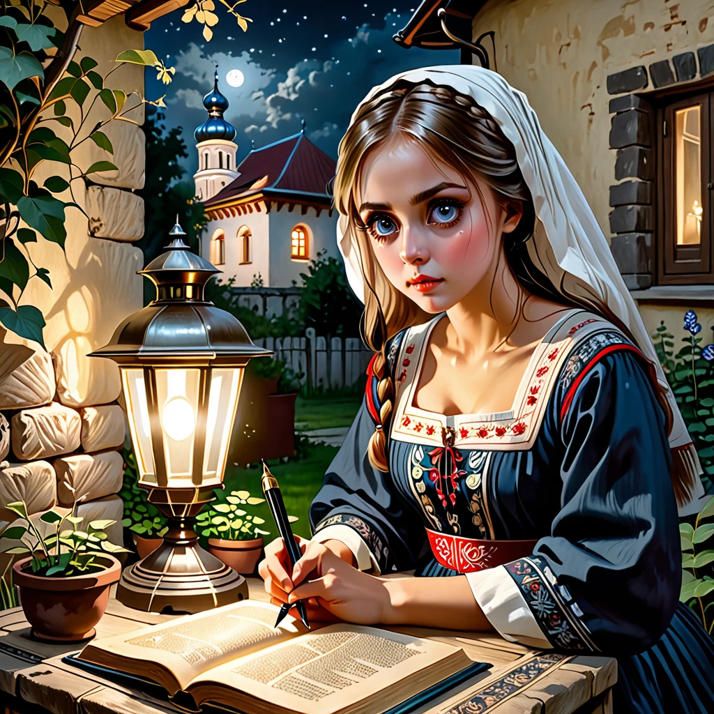 A photo of a beautiful girl in a traditional russian dress looking at ancient slavic book under lamp on a low table in garden surrounded by old walls in a peaceful night,((her right hold a pen and her left hand place on table)),((masterpiece)),realistic,4k,extremely detailed,((beautiful big eyes))