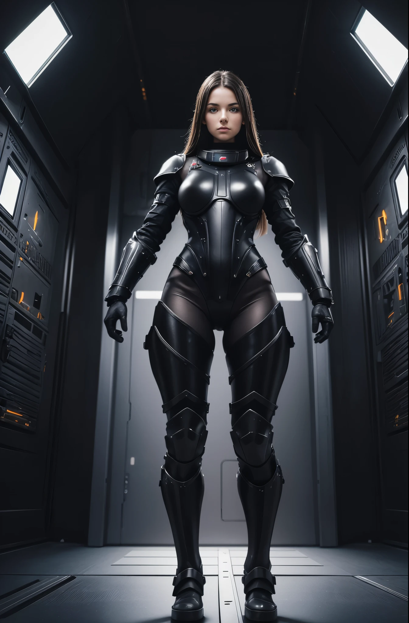 23 years old German woman, ((full body)), ((nude)), heavily armored in black color for fighting, beautiful chest, standing in the room of the space ship with her legs spread apart, zoom in from front below