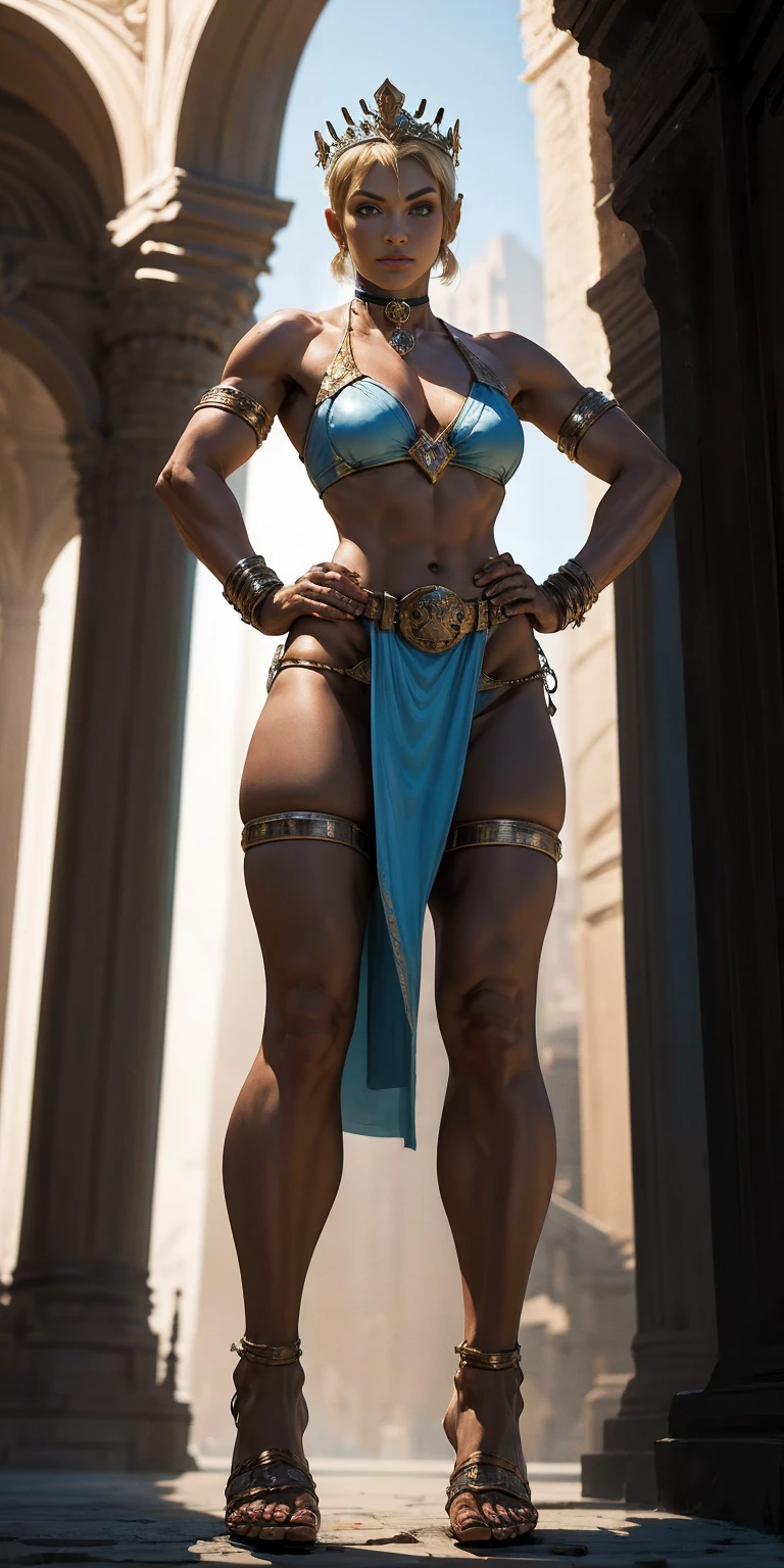 full body, whole body. loincloth standing, hands on hips full body, 1solo (girl). slave fighter, metal sandals, choker, big belt, view from below, feet together, bracers, tiara