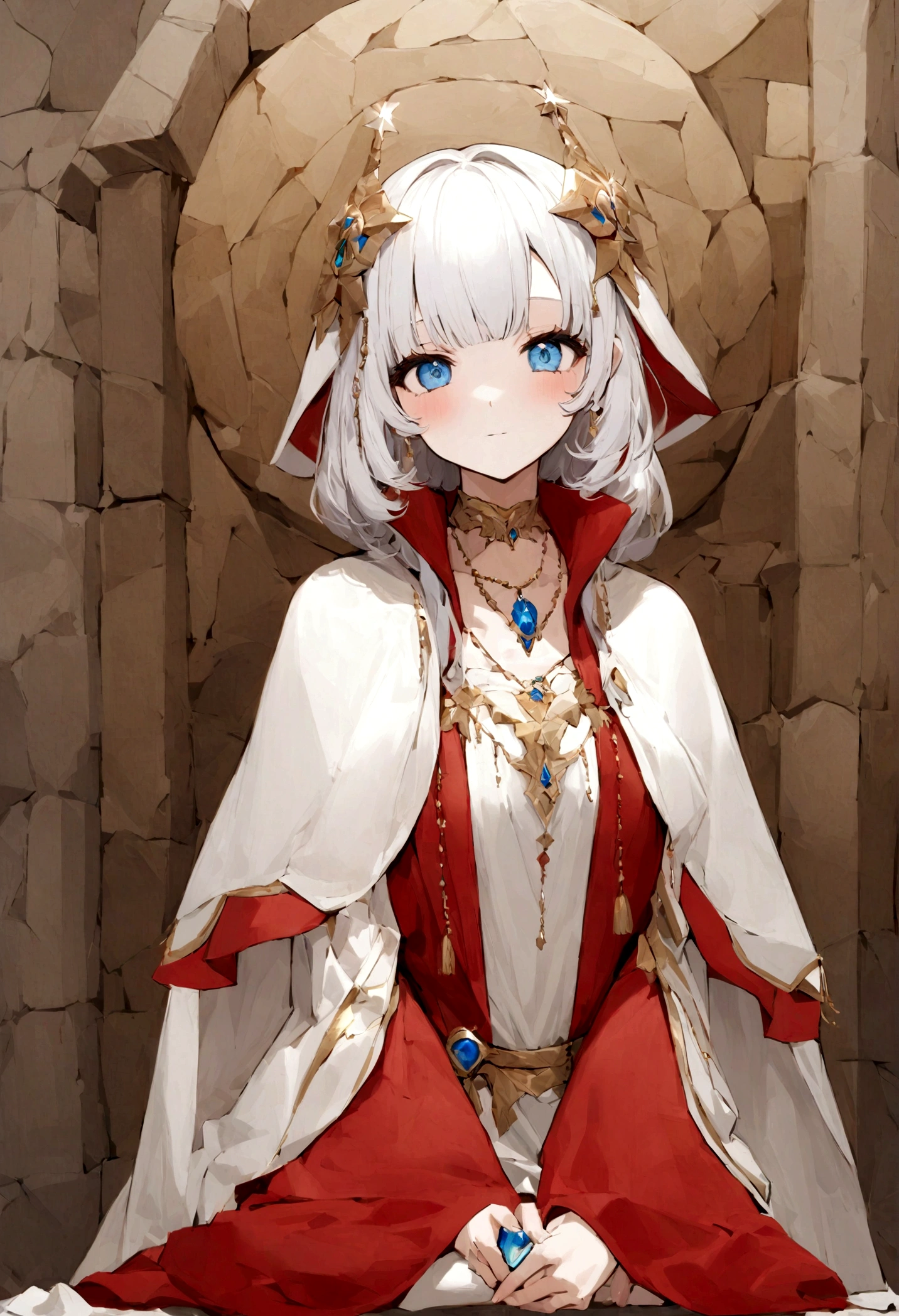 make a witch named Elara aged around 386 but looking younger. She is wearing a cloak of red colour with sum a glistening on it, and around her neck is a blue gem necklace. Elara is helping sick people by applying medicine to their wounds in an ancient healing house