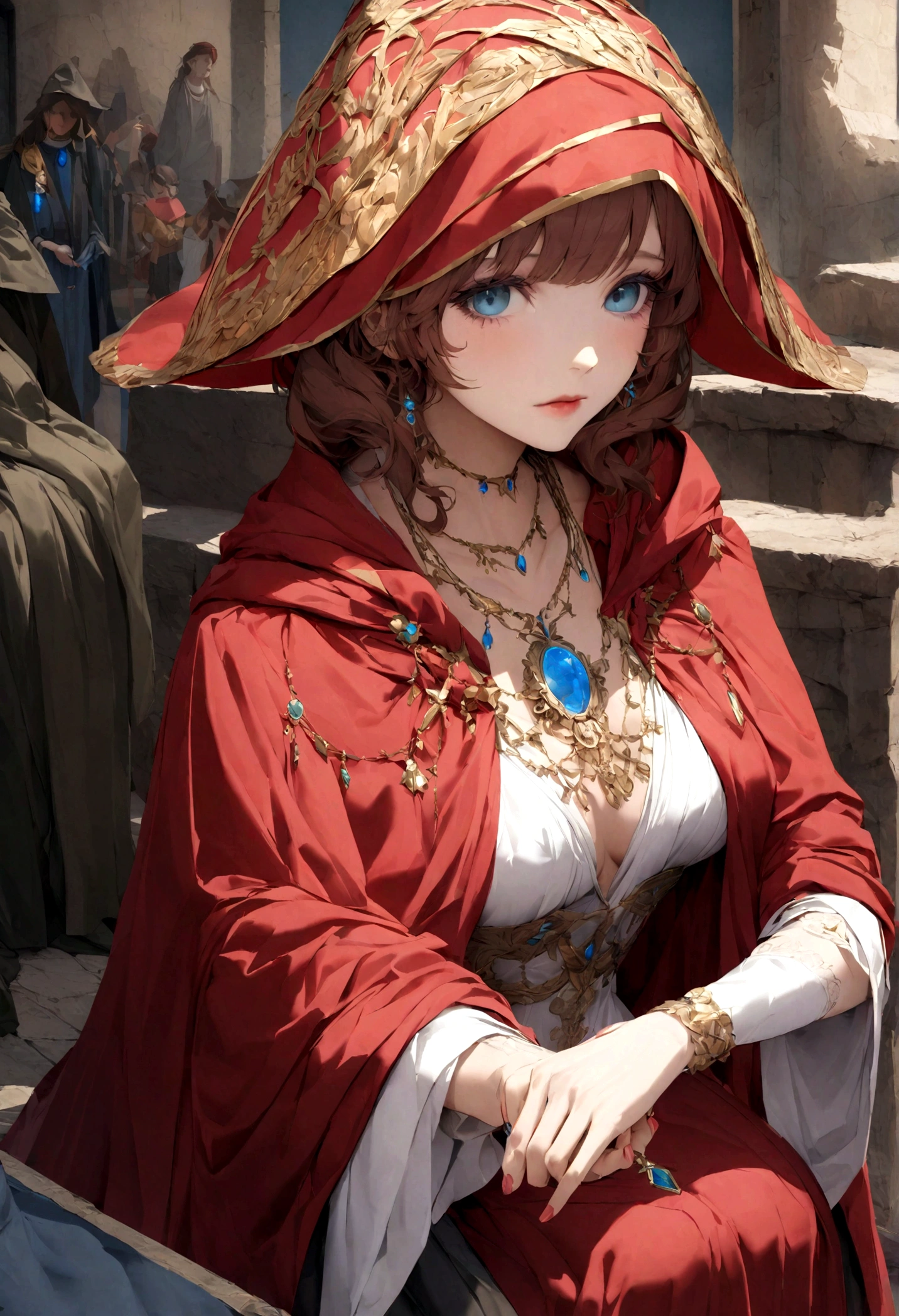 make a witch named Elara aged around 386 but looking younger. She is wearing a cloak of red colour with sum a glistening on it, and around her neck is a blue gem necklace. Elara is helping sick people by applying medicine to their wounds in an ancient healing house