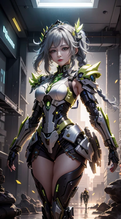 ((Better quality)), ((masterpiece)), (Very detailed: 1.3), 3D, Ikaru Valkyrie Mecha, Beautiful cyberpunk woman wearing a crown, Comes with chef style armor, Sci-fi technology, HDR (High Dynamic Range), Ray tracing, NVIDIA RTX, Super Resolution, Unreal 5, Underground spread, PBR Textures, Post-Processing, Anisotropic filtering, Depth of Field, Maximum Acutance and Acutance, Multi-layered textures, Specular and albedo mapping, Surface shading, Accurate simulation of light-matter interactions, Perfect proportions, Octane Rendering, Two-tone lighting, Low ISO, White Balance, Rule of Thirds, Wide opening, 8K Native, High efficiency sub-pixel, Sub-pixel convolution, Glowing particles, Light Scattering, Tyndall effect, Very sexy, whole body, fighting stance, Gray hair braids,