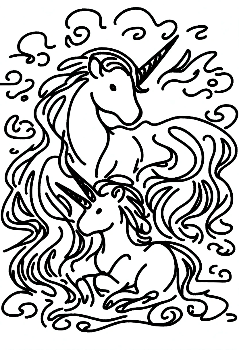 different unicorns surrounded by clouds, coloring page for kids, line art, no color, white background