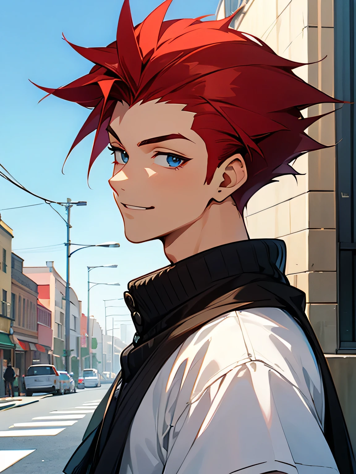 solo, portrait,upperbody, red spiky hair, sideshaved, smile,male eyes, male nose, male mouth, white T-shirt, black cardigan, street corner, blue sky, handsome face,