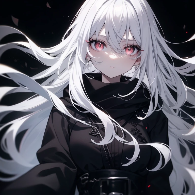 anime girl with long grey hair, heterochromatic eyes, and black sclera around the eyes. Wearing a black cloak.