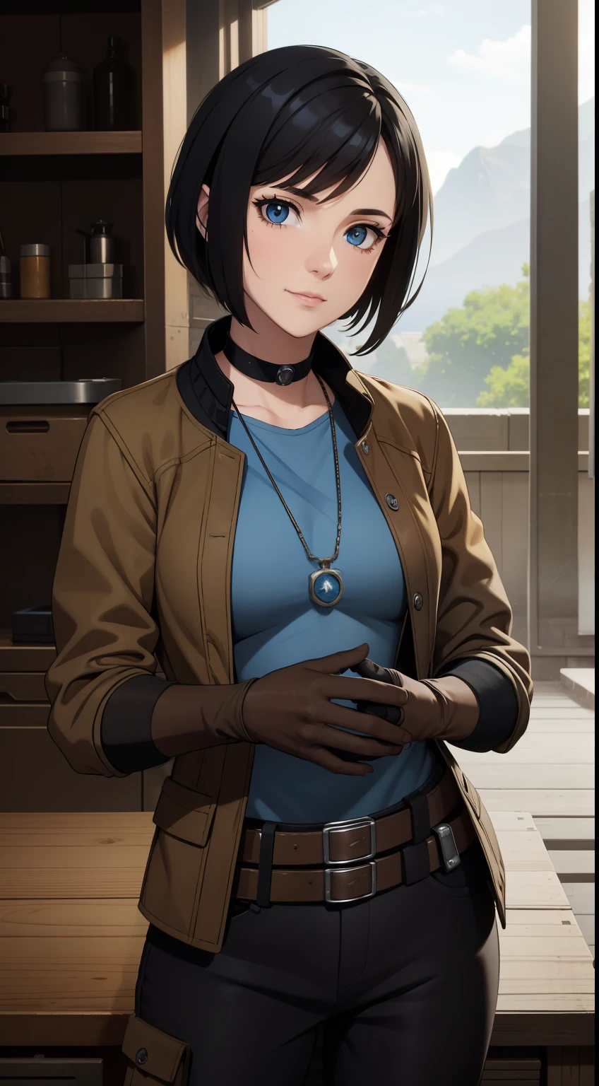 (high-quality, breathtaking),(expressive eyes, perfect face) Symmetrical Eyes, portrait, Star Wars Universe, 1girl, female, adult, mechanic, punk jacket, shirt, short sleeved, gloves, pants, belt, wrench, crystals, messy hair, black hair color, brown eye color, short hair length, stylized hairstyle, pixie haircut, tall, technician outfit, engineer, sci fi workshop background, work bench, tools, mature, narrow eyes, dog tag necklaces, soft smile, soft eyelashes, age 28
