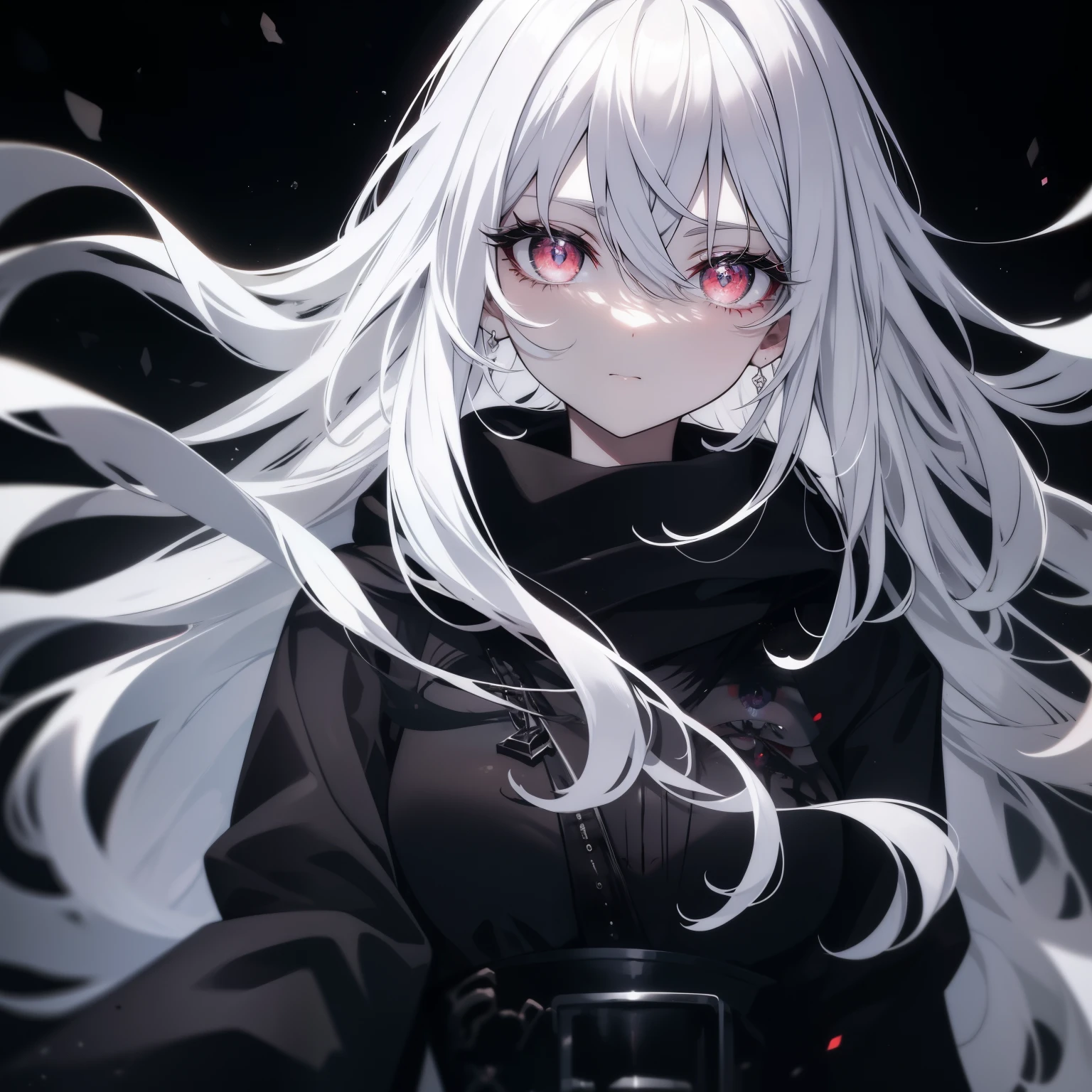 anime girl with long grey hair, heterochromatic eyes, and black sclera around the eyes. Wearing a black cloak.