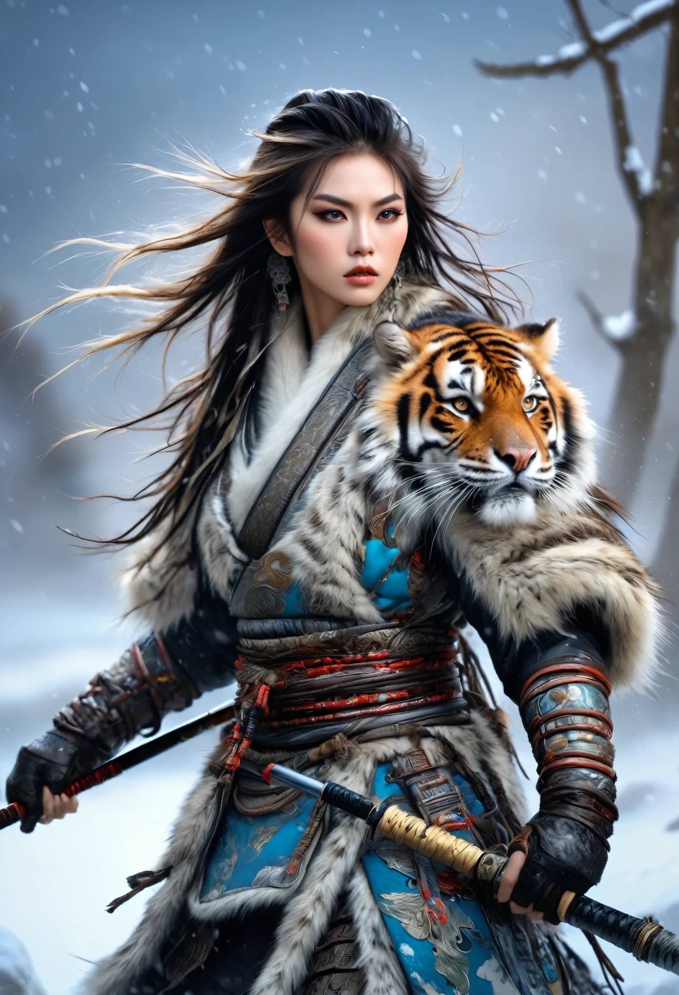 (best quality,4k,8K,High resolution,masterpiece:1.2),Extremely detailed,(Practical,photoPractical,photo-Practical:1.37),Thick fur winter coat,Creative fusion of traditional Chinese design patterns and contemporary elements, Messy hair, Intense expression, Energetic, Sharp eyes, 1 Samurai, Handsome face, Tiger beast, Epic Fantasy Character Art, wearing intricate fur armor, Luis Royo (Luis Royo) style, Northern female warrior holding a spear, HDR, Ultra HD, Studio Lighting, Super Fine, Clear focus, Physically Based Rendering, Extremely detailed的描述, professional, Bright colors, Bokeh, portrait, landscape