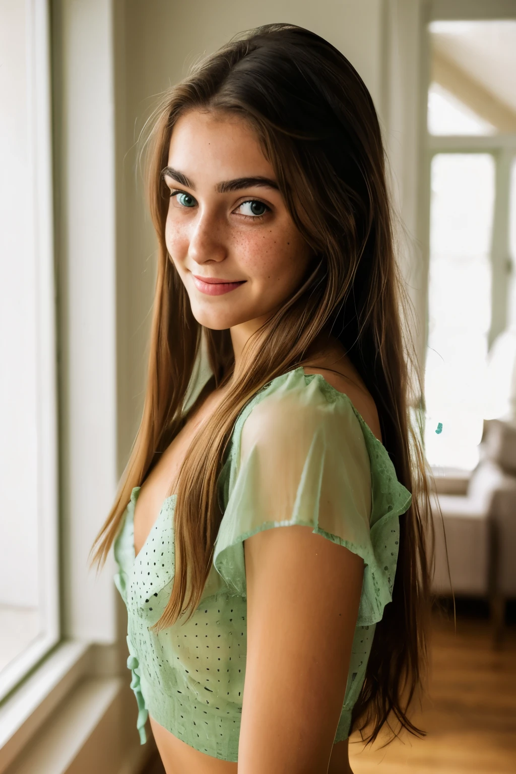 Mirror selfie , a 19 year old gorgeous girl , slight smile , detailed skin face and eyes , natural lighting , at home , long hair, messy hair, see through loose blouse, cleavage, film grain, low contrast, natural face , freckles , dark blonde hair , green eyes, sexy, naked