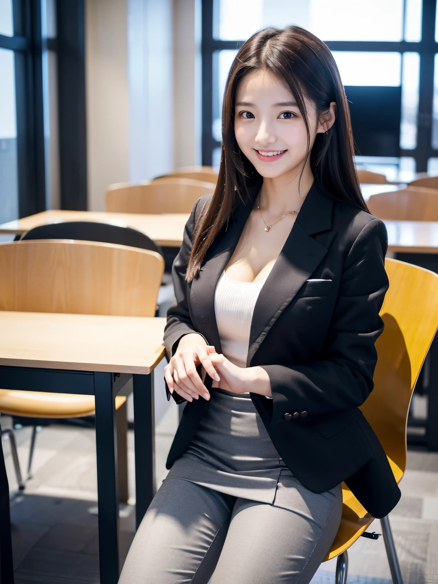 masterpiece、超High resolution、She is very cute and young like an idol..々A cute 18-year-old businesswoman、Gentle and cute、A kind smile、A business jacket that shows off cleavage、Medium Bust、Business Mini Skirt、Working in a building office Sitting in a chair ((I can see your pants))、((whole body))、RAW Photos、Genuine、High resolution、live-action