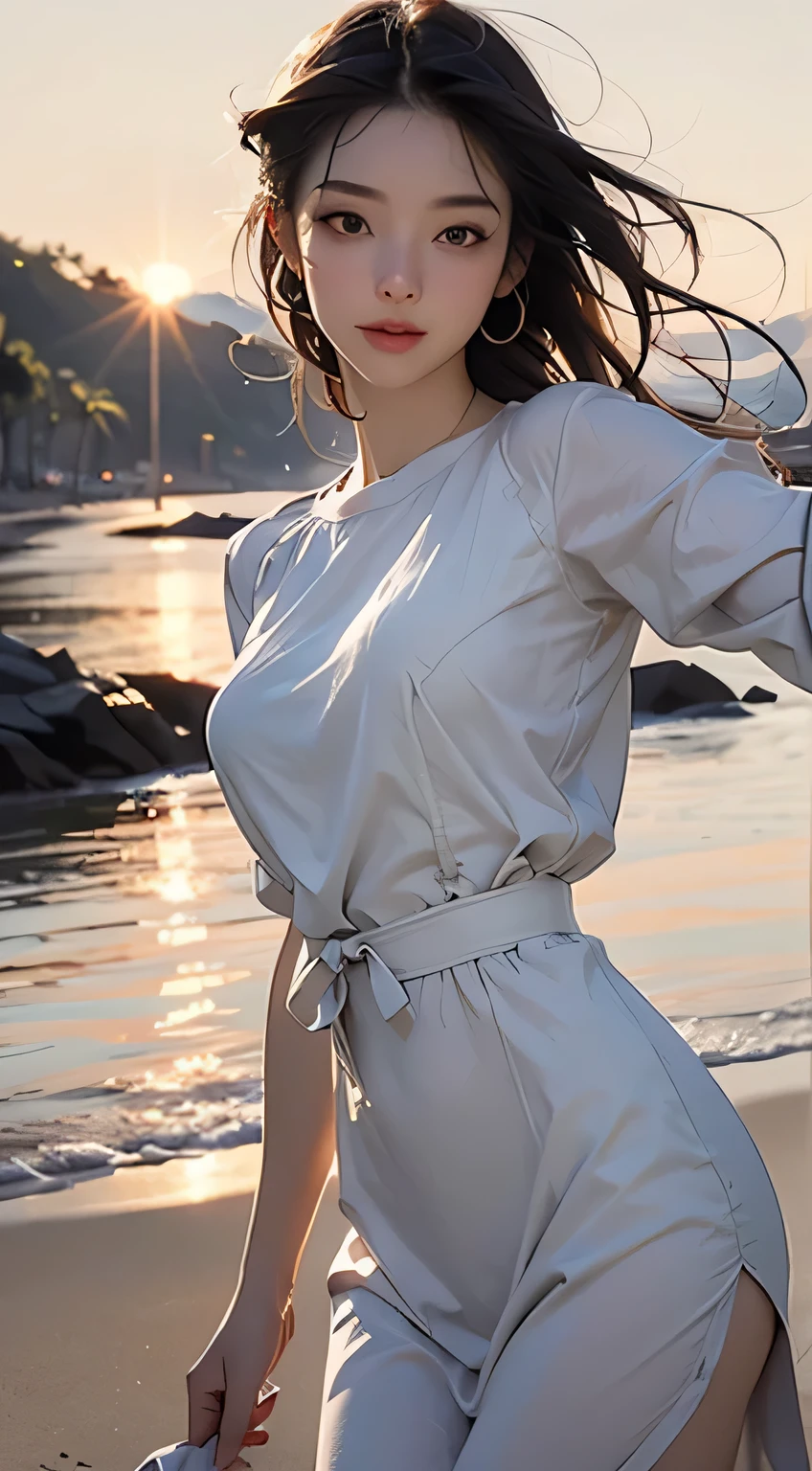 Mustepiece, top quality, illustration, ultra-definition, fine details, high resolution, 8K wallpaper, perfect dynamic composition, beautiful detailed eyes, wearing a dress, natural color lips, beach, random cute pose, perfect and beautiful face , cute, sexy face, sunset, feminine face