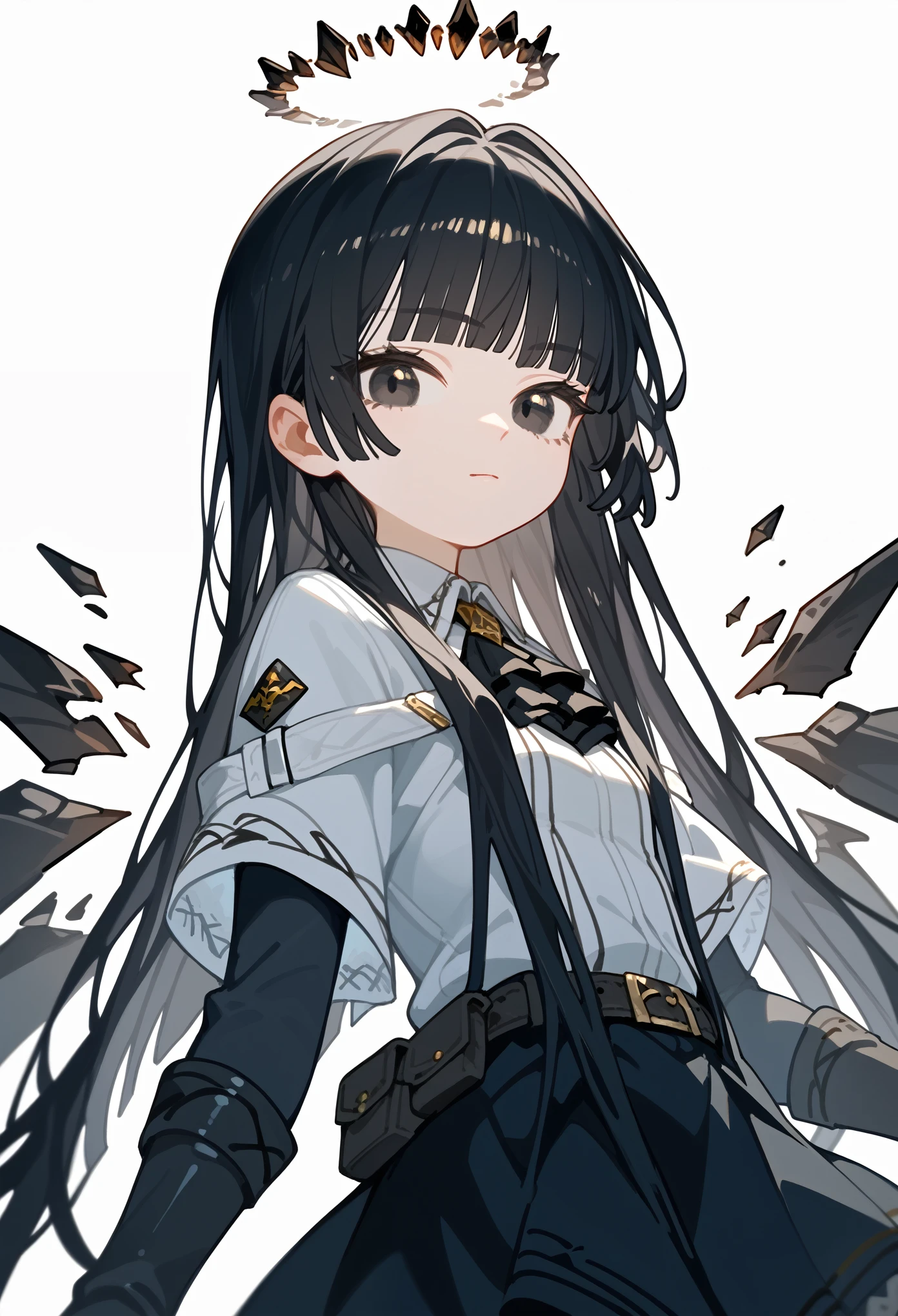 (score_9, score_8_up, score_7_up), 1girl, cute young girl, black hair, blunt bangs, long hair, broken halo, black eyes, mole below right eye, black ascot, white shirt, capelet, black sleeves, black gloves, belt, black skirt, energy wings, looking at viewer, upper body, zoom out, small breasts, calm, portrait, white background,