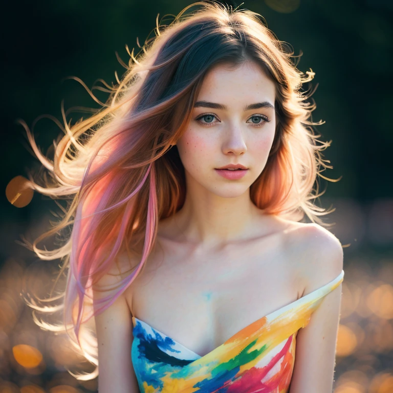 (8k, best quality, masterpiece:1.2),(best quality:1.0), (ultra highres:1.0), pencil colors, a beautiful woman, shoulder, hair ribbons, by agnes cecile, full body portrait, extremely luminous bright design, pastel colors, (ink:1.3), autumn lights, full body