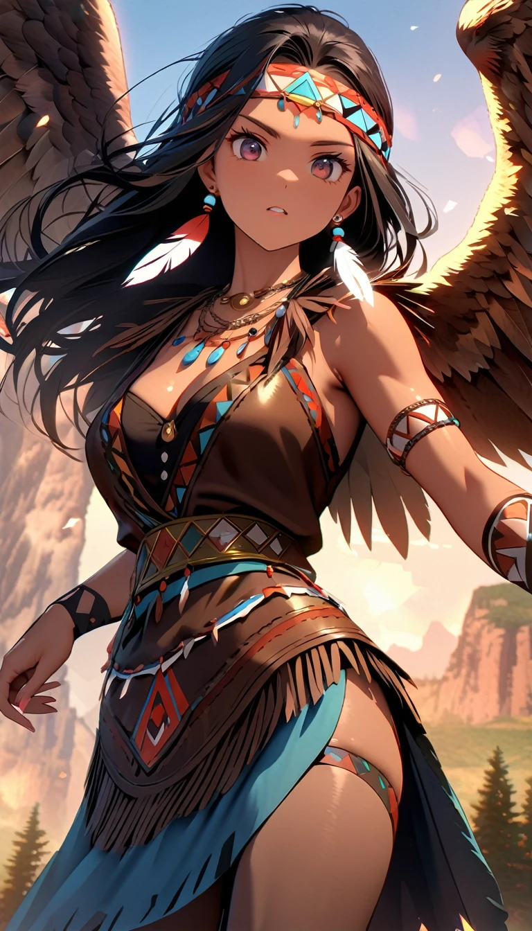 Native American female warrior\(cute,beautiful,age of 18,(muscular:1.3),holding 1indian spear,dark skin,dark floating hair,dark shiny eyes,big eyes,face with strong will,leather dress\(fringe, glass beads\),indian cape\(fringe, glass beads\), war bonnets\(Native American feather crown\),shiny dark fresh skin,breast,necklace\(lots of fangs),indian moccasins,glass bead earrings,(big hawk on shoulder:1.3),full body\), BREAK ,background(outside,American wilderness,western era),Dynamic action poses, dynamic angles, BREAK ,quality\(8k,wallpaper of extremely detailed CG unit, ​masterpiece,hight resolution,top-quality,top-quality real texture skin,hyper realisitic,increase the resolution,RAW photos,best qualtiy,highly detailed,the wallpaper,cinematic lighting,ray trace,golden ratio\)[nsfw:2.0],looking at viewer,close up of spear,