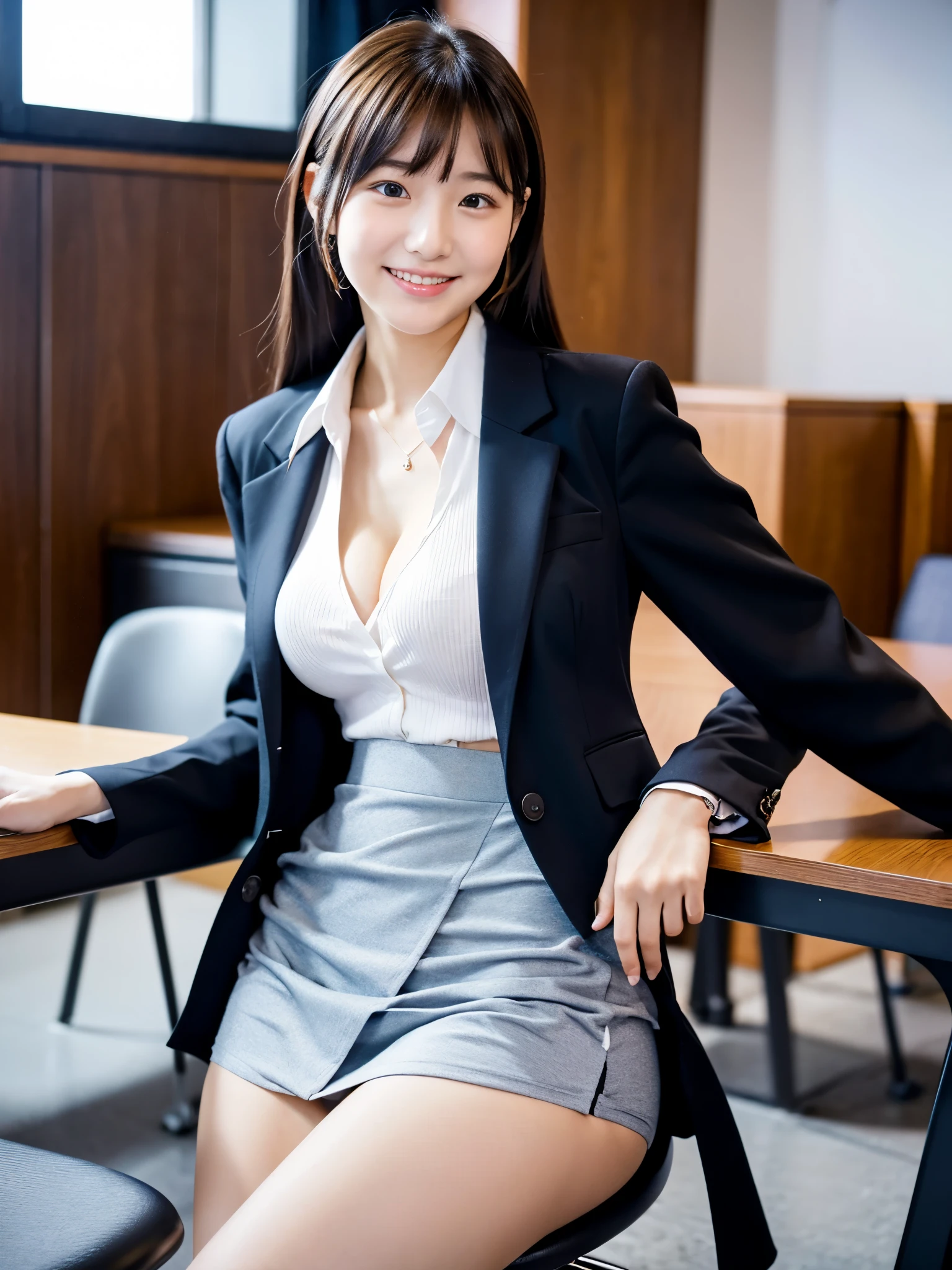 masterpiece、超High resolution、She is very cute and young like an idol..々A cute 18-year-old businesswoman、Gentle and cute、A kind smile、A business jacket that shows off cleavage、Medium Bust、Business Mini Skirt、Working in a building office Sitting in a chair ((Panties are visible from the miniskirt))、((whole body))、RAW Photos、Genuine、High resolution、live-action