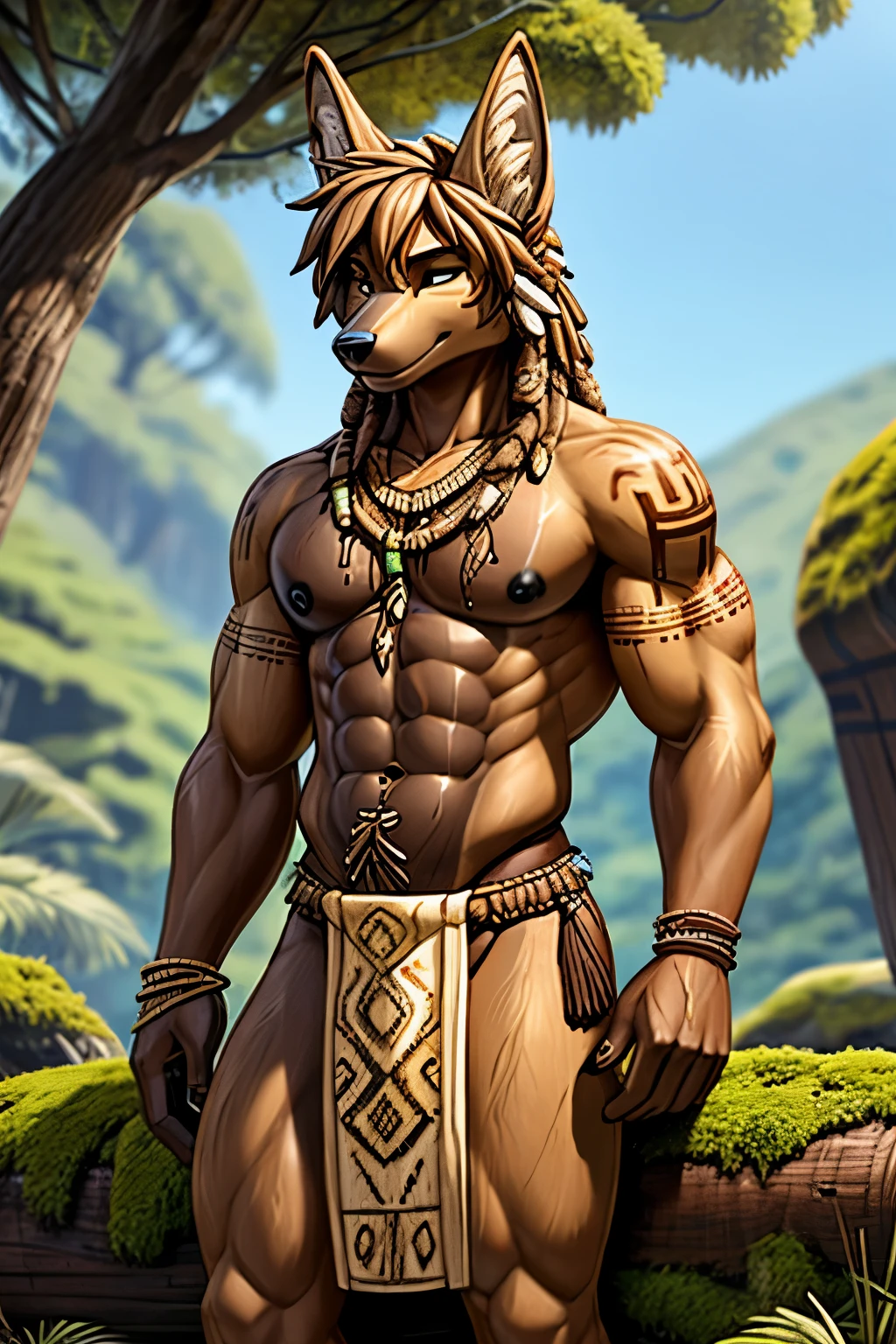 Muscular golden jackal, wooden statue, made of wood, brown_body, brown_skin, African, with black nipples, loincloth, tribal totem, Zulu, inanimate object, carvings, inanimate statue, male, femboy, pretty face, anthro, messy hair, tattoos, moss on body