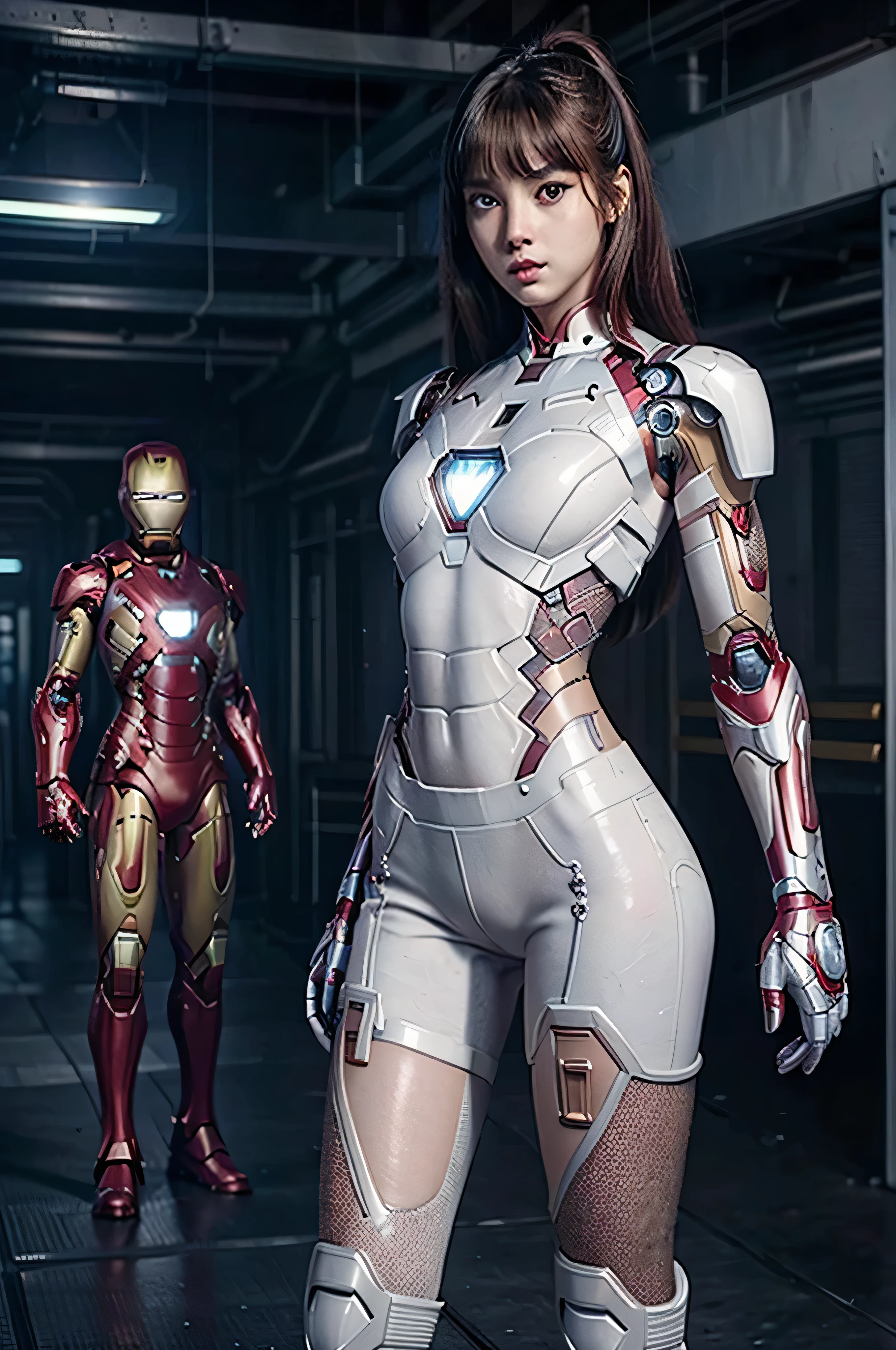 ((masterpiece, 8K, 3D, Realistic, Super Detail)), (1girl:1.3), slender 16 age, Ultra Micro photography, Lisa Blackpink Super realistic, Perfect face, 16K resolution, 4k resolution, The photo was taken from the Front, facing to the photographer, Foreground photo, dynamic lighting, high-definition resolution, Beautiful features, ((Perfect female Model Slim body)) Beautiful features, Standing pose, ((small hip)), (((2 piece Iron Man Hot pants))), Sci-fi futuristic, ((Iron Man armor)) ((bionic Fragmented White chest armor suit)), ((Exposed slim thighs)), wear mesh metal-stockings, ((slim thighs)), ((bionic Iron Man thighs Steel armor)), Front Full body Shot, full body portrait, perfect legs, shoes, futuristic city background