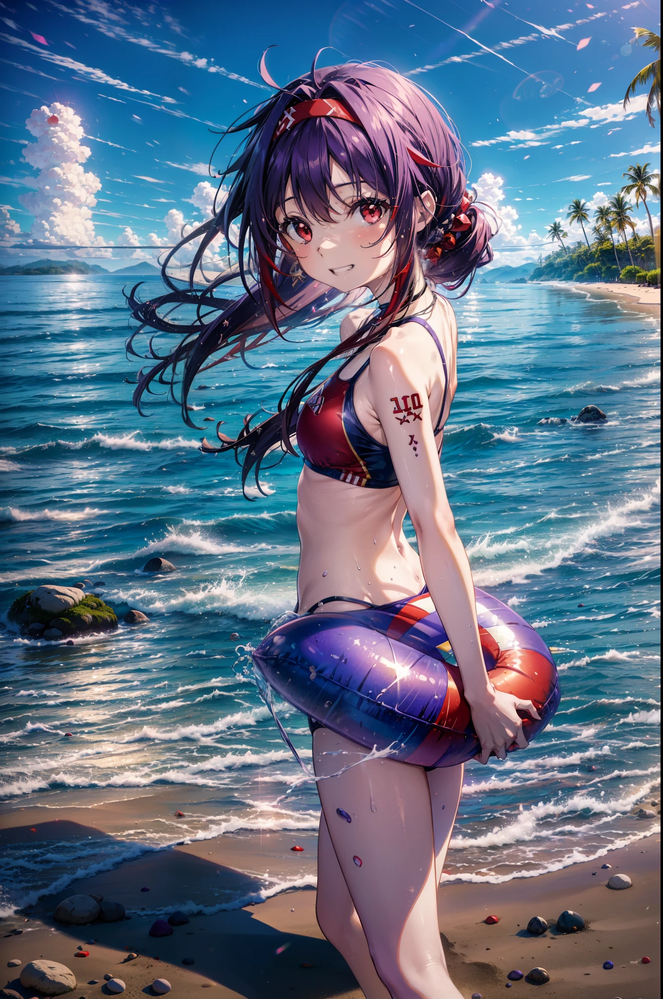 yuukikonno, Konno Yuuki, hair band, Long Hair, Pointed Ears, Purple Hair, (Red eyes:1.5), (Small breasts:1.2), Grin,smile,Purple bikini swimsuit oversized t-shirt,barefoot,Palm tree,Holding a swim ring in his right arm,Palm tree,True Summer,whole bodyがイラストに入るように,Walking,
break looking at viewer, whole body,
break outdoors, Beach,Sandy Beach,
break (masterpiece:1.2), highest quality, High resolution, unity 8k wallpaper, (figure:0.8), (Beautiful fine details:1.6), Highly detailed face, Perfect lighting, Highly detailed CG, (Perfect hands, Perfect Anatomy),