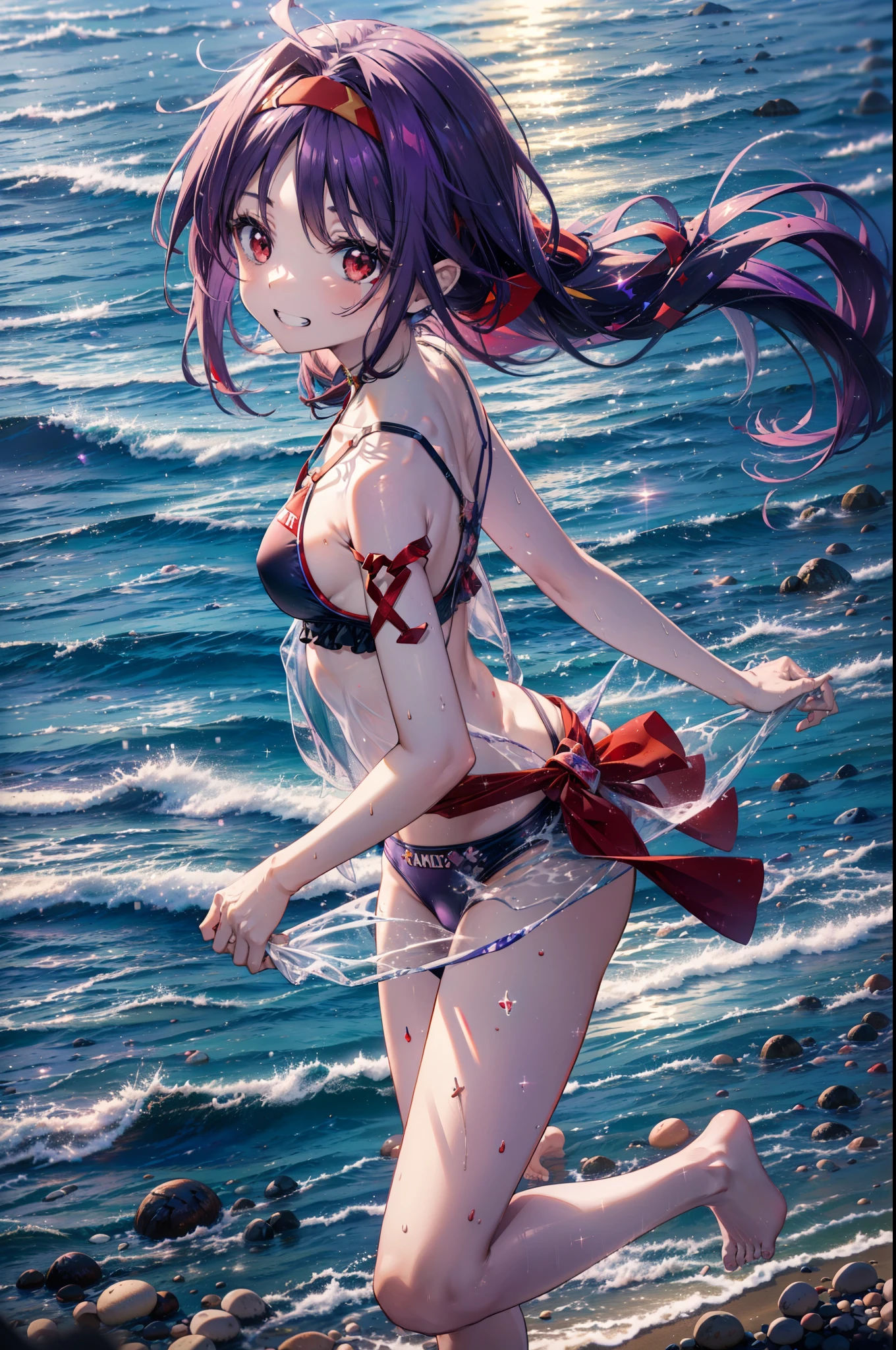 yuukikonno, Konno Yuuki, hair band, Long Hair, Pointed Ears, Purple Hair, (Red eyes:1.5), (Small breasts:1.2), Grin,smile,Purple bikini swimsuit oversized t-shirt,barefoot,Palm tree,Holding a swim ring in his right arm,Palm tree,True Summer,whole bodyがイラストに入るように,Walking,
break looking at viewer, whole body,
break outdoors, Beach,Sandy Beach,
break (masterpiece:1.2), highest quality, High resolution, unity 8k wallpaper, (figure:0.8), (Beautiful fine details:1.6), Highly detailed face, Perfect lighting, Highly detailed CG, (Perfect hands, Perfect Anatomy),