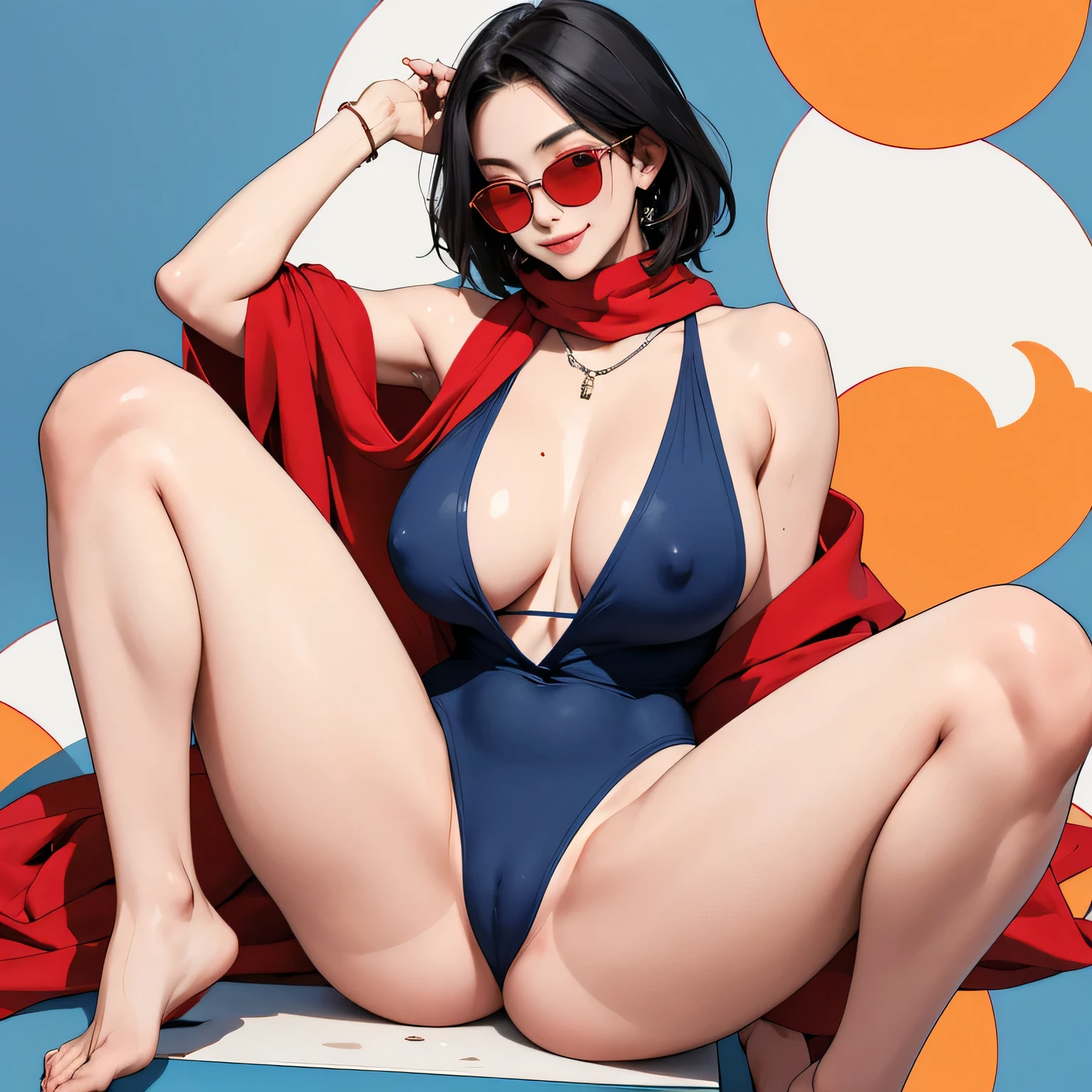 (masterpiece, best quality, 8k wallpaper, high resolution, ultra-realistic) Two women, Japanese girls, 18 years old, long hair and short hair, duo, sunglasses, long red scarf around neck, microphone (masterpiece: 1.2, best quality), (realistic, photorealistic: 1.4), (masterpiece, best quality), staring at you, navy blue school swimsuit, cleavage, D cup, large areola, nipples, wet, spread legs, pubic hair bumps, sexy pose,, full body, best proportions, white skin, black hair, looking forward, smiling, 1970s sunglasses, psychedelic background
