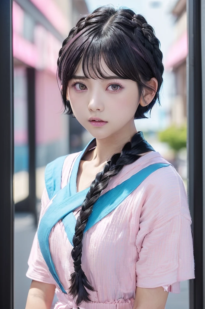 (8k、Raw photography、highest quality、masterpiece:1.2),(Black-haired、Very short hair:1.8),(twin mitsu braid:1.4)、View Audience,Viewed from the front,erotic,白いskin,(She is wearing pink and light blue 。.:1.7)、()、(Clothing that emphasizes the shape of your chest、Publish one'skin:1.8)、(Big Breasts :1.4)、Slim figure、Ultra-high resolution,beautiful,beautiful fece,(alone、No background:1.9),whole bodyボディー,Japanese women,(Photorealistic:1.37)、Photon Mapping,reality、(Baby-faced and cute: 1.0)、(Cute Smile: 1.7)、(With a round face: 1.7)、Radio City、Physically Based Rendering、Depth of field rally background、photograph, (I can see your knees,Short skirt、Thigh close-up:1.5),whole body、Super quality