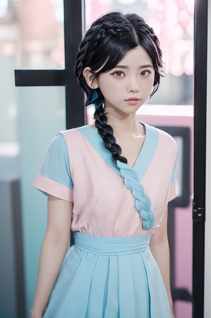 （8k、Raw photography、highest quality、masterpiece：1.2),(Black-haired、Very short hair:1.8),(twin mitsu braid:1.4)、View Audience,Viewed from the front,erotic,白いskin,(She is wearing pink and light blue 。.:1.7)、()、(Clothing that emphasizes the shape of your chest、Publish one&#39;skin:1.8)、(Big Breasts :1.4)、Slim figure、Ultra-high resolution,beautiful,beautiful fece,(alone、No background:1.9),whole bodyボディー,Japanese women,（Photorealistic：1.37）、Photon Mapping,reality、(Baby-faced and cute: 1.0)、(Cute Smile: 1.7)、(With a round face: 1.7)、Radio City、Physically Based Rendering、Depth of field rally background、photograph, (I can see your knees,Short skirt、Thigh close-up:1.5),whole body、Super quality