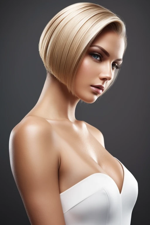 Gorgeous european woman with very short hair, short ponytail, wet hair, hair slicked back, combed straight back, slick hair, streaked blonde hair, seductive, pink lips, elf princess, cleavage, vintage, solid dark grey background