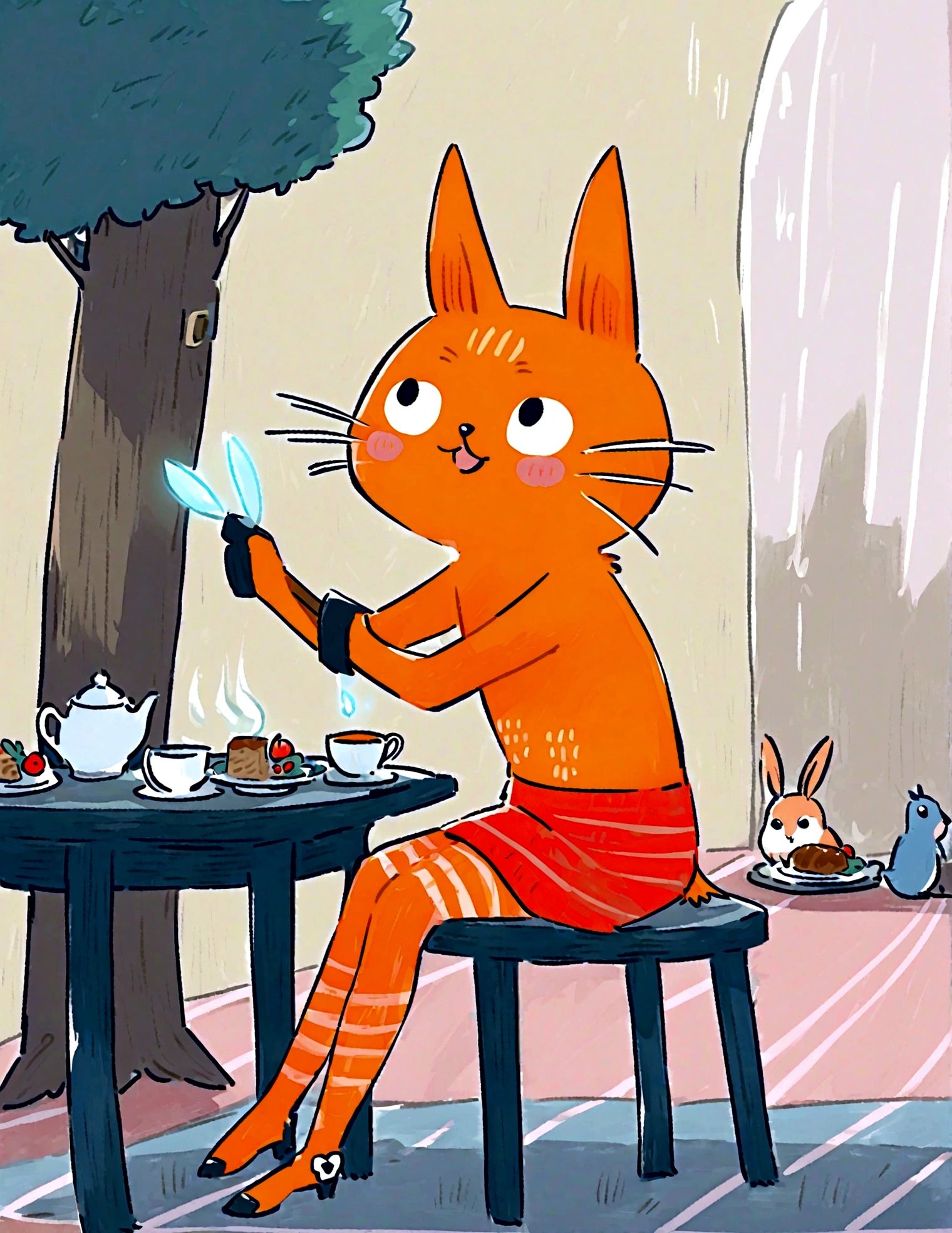 tea party, sitting cheer, bird and rabbits near him, tree, sunlight