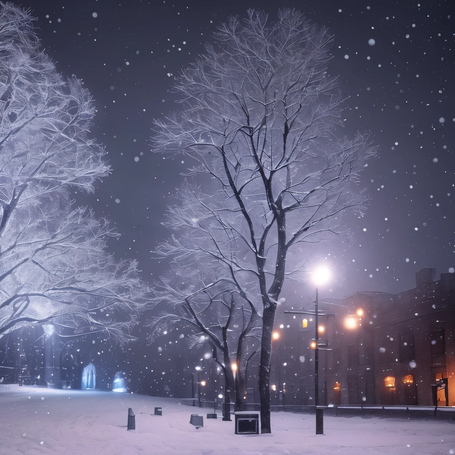 snowy trees and a city lit up at night in the distance, snowy night, winter night, winter setting, dark winter evening, cold but beautiful, snow glow, atmospheric cold lighting, snowfall at night, warm glow from the lights, beautiful small town, scenic view at night, glowing snow, city snowing with a lot of snow, magical soviet town, snowy winter christmas night
