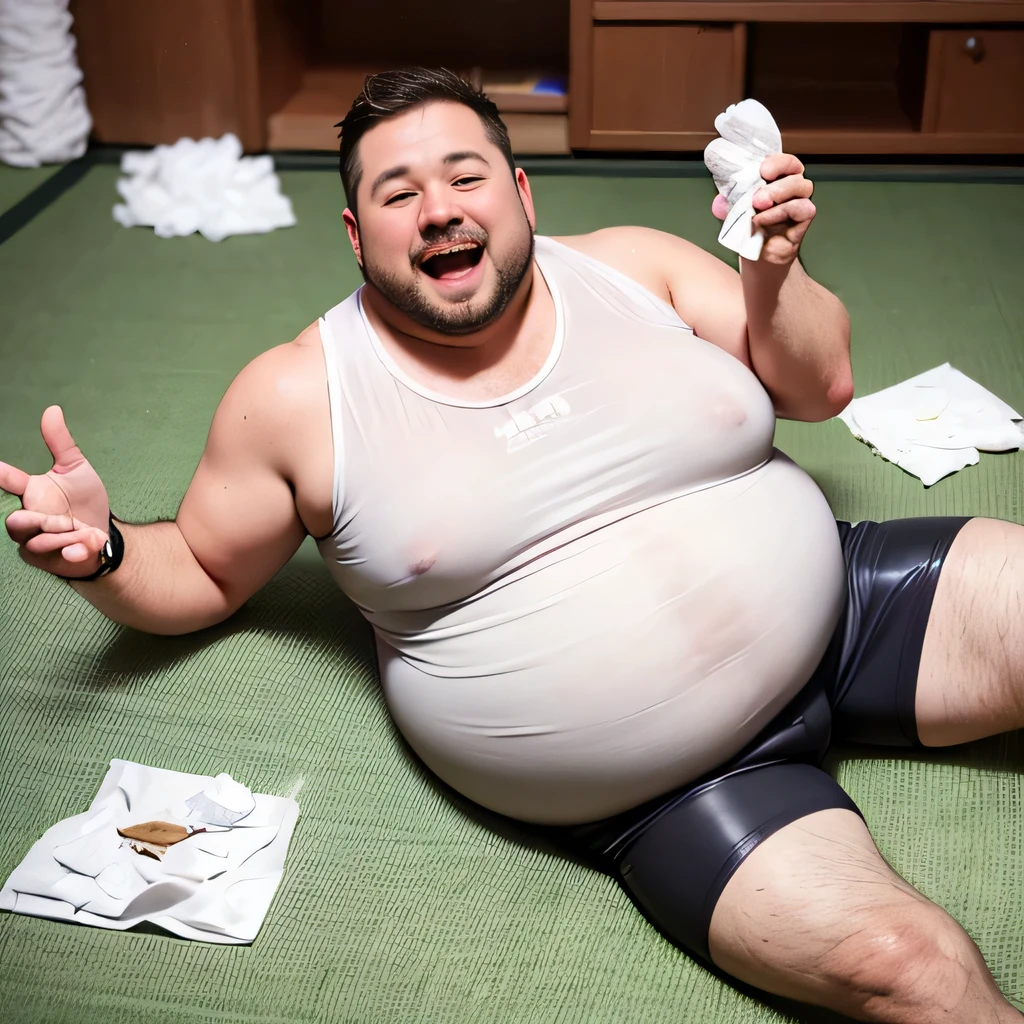 raw photo , 8K, ultra detailed, 1uncle, 40yo, (fat:1.3), (baldness:0.9), (white sleeveless shirts:1.3), briefs, (laugh:1.5),(tatami),(tissue papers:1.6), (looking at viewer)