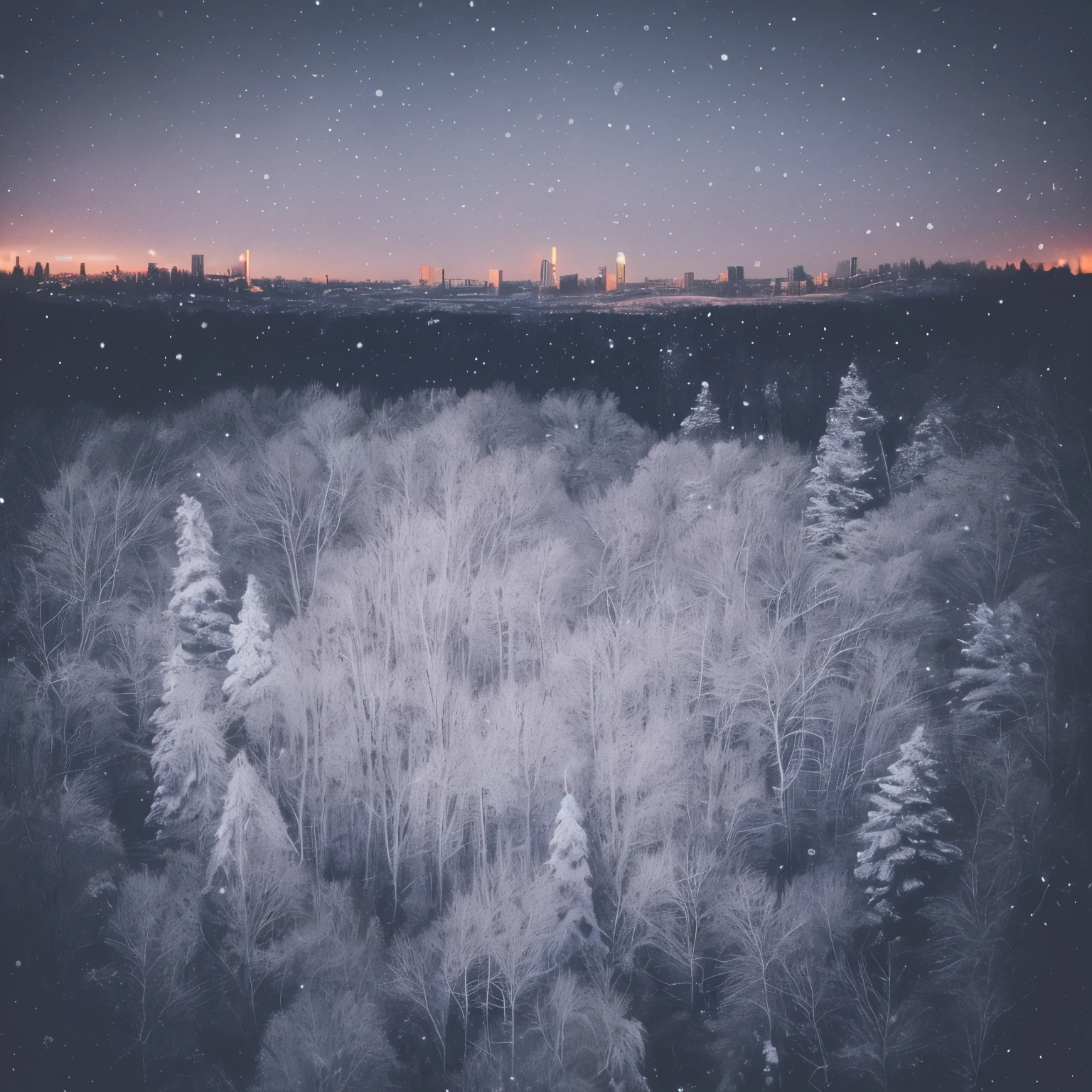 snowy trees and a city lit up at night in the distance, a tilt shift photo by Raphaël Collin, pexels contest winner, romanticism, snowy night, winter night, winter setting, dark winter evening, cold but beautiful, snow glow, atmospheric cold lighting, snowfall at night, warm glow from the lights, beautiful small town, scenic view at night