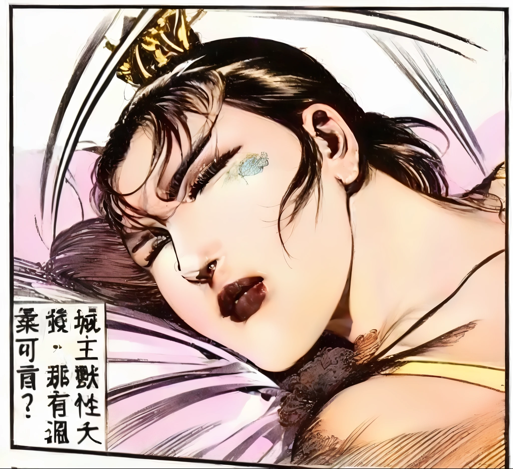 a close up o woman laying in bed, bright skin, wearing yellow lingerie, closing her eyes, holding back tears, detail picture,good looking, closed eyes and lips
